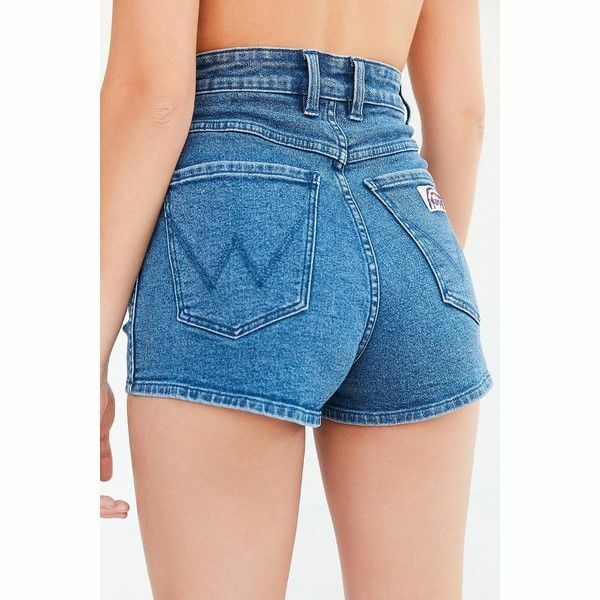 WRANGLER "Pin Up" Blue Jeans Shorts Stretch Denim High Waist Rainbow Patch Sz S