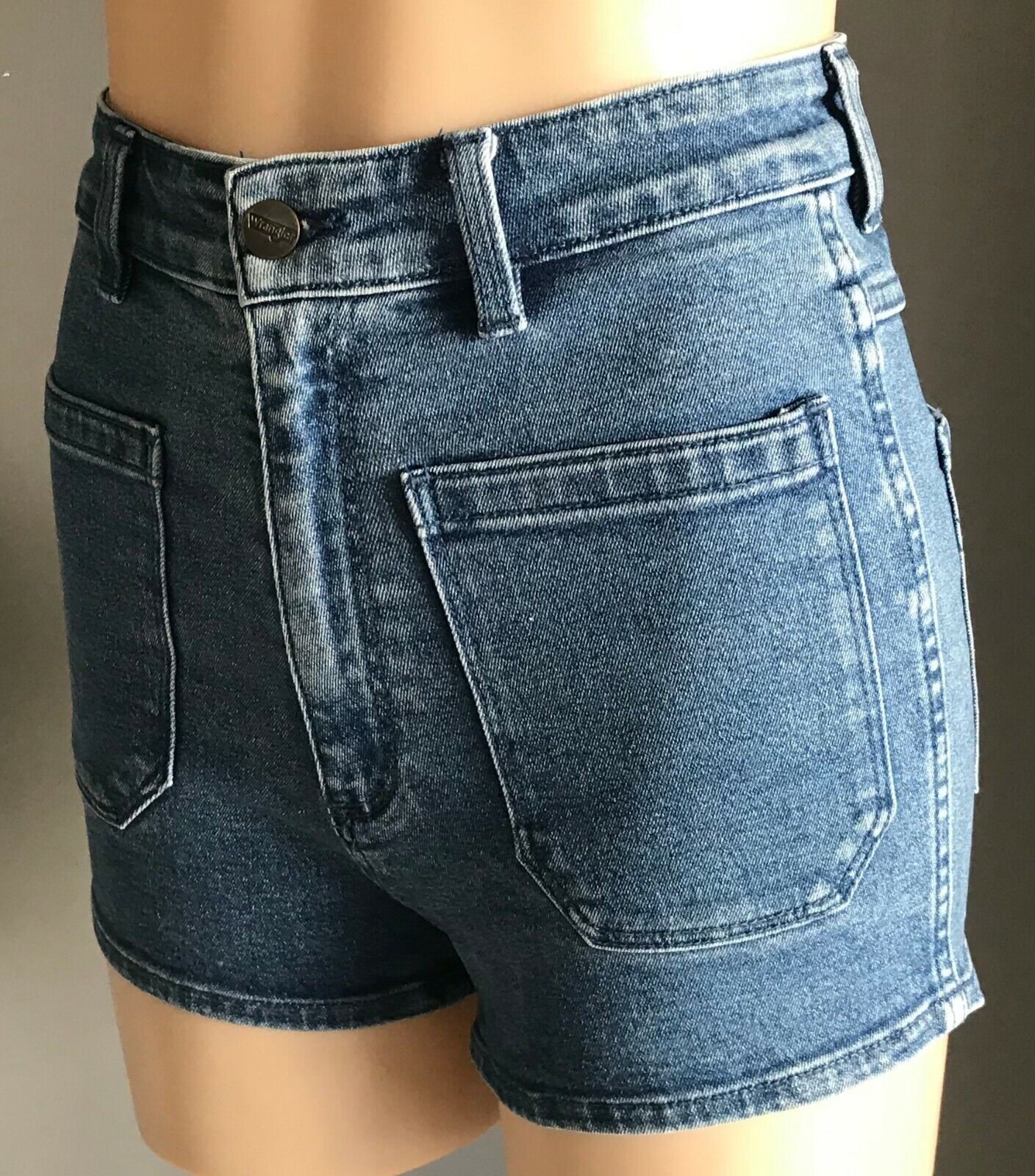 WRANGLER "Pin Up" Blue Jeans Shorts Stretch Denim High Waist Rainbow Patch Sz S