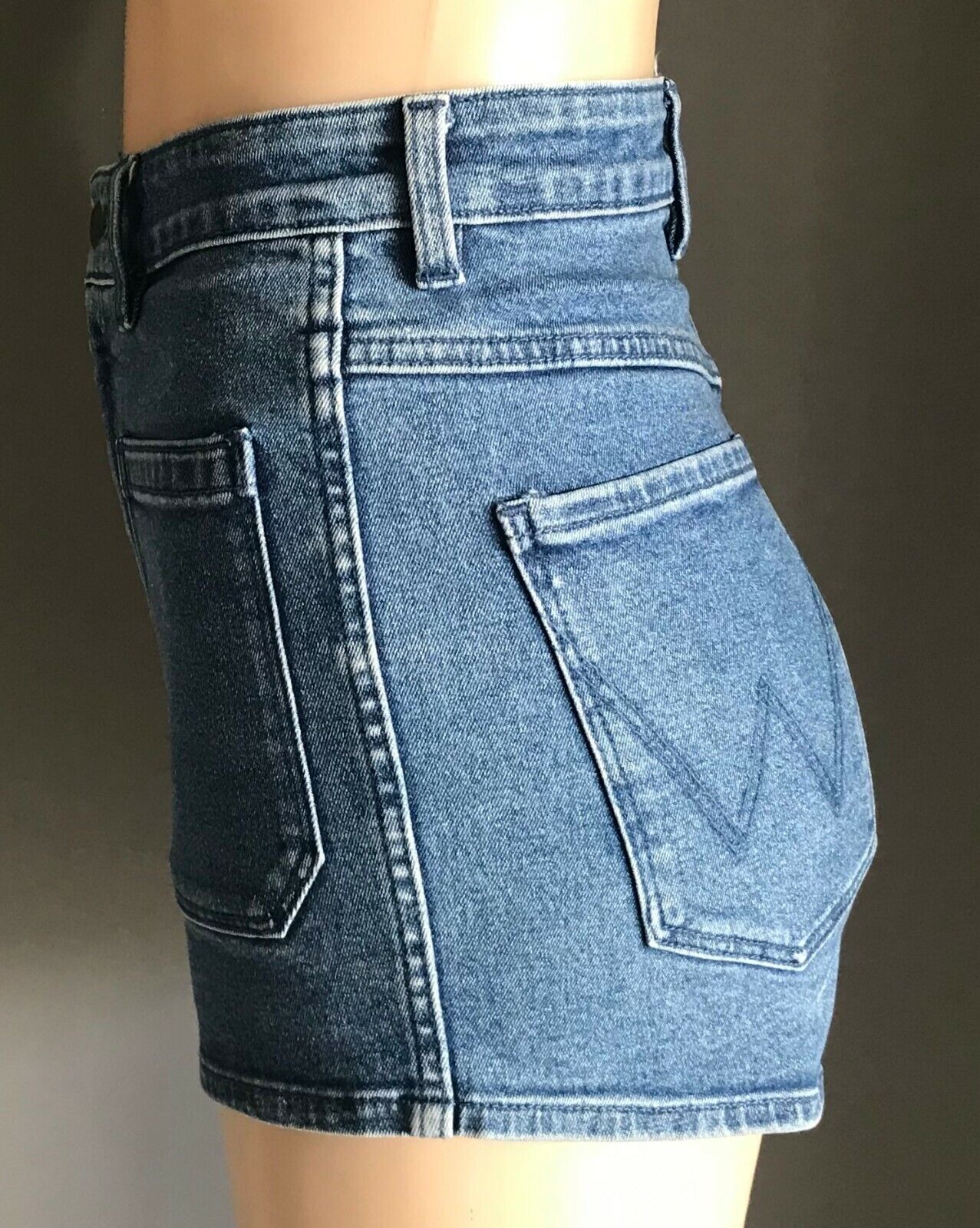 WRANGLER "Pin Up" Blue Jeans Shorts Stretch Denim High Waist Rainbow Patch Sz S