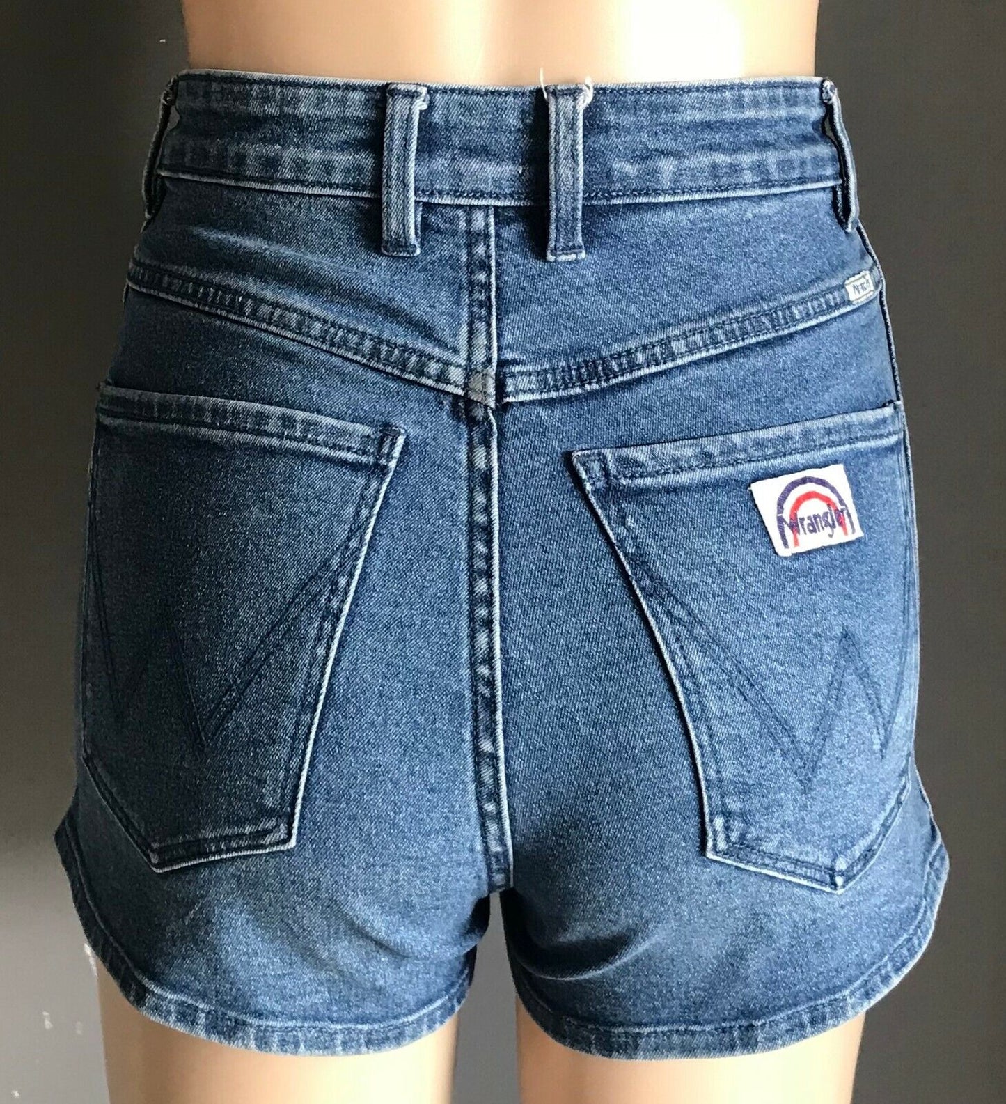 WRANGLER "Pin Up" Blue Jeans Shorts Stretch Denim High Waist Rainbow Patch Sz S