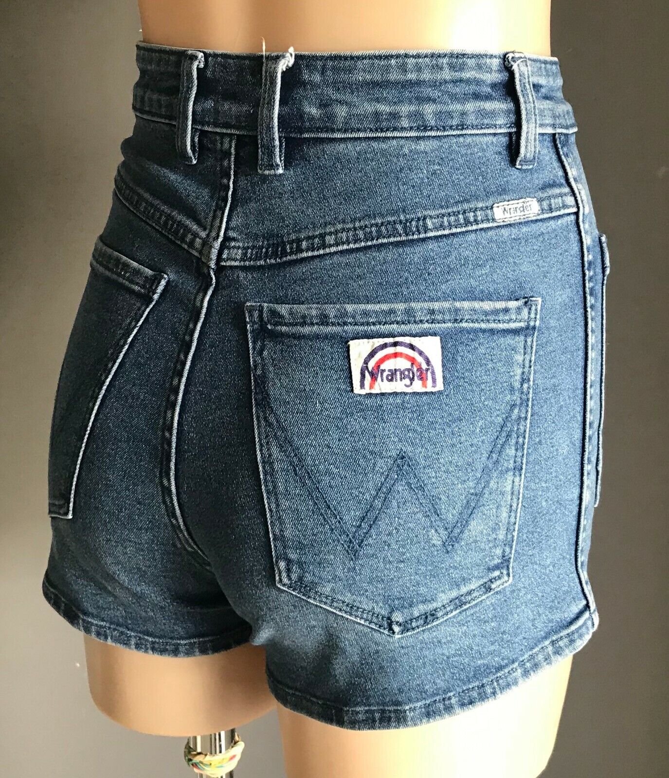 WRANGLER "Pin Up" Blue Jeans Shorts Stretch Denim High Waist Rainbow Patch Sz S