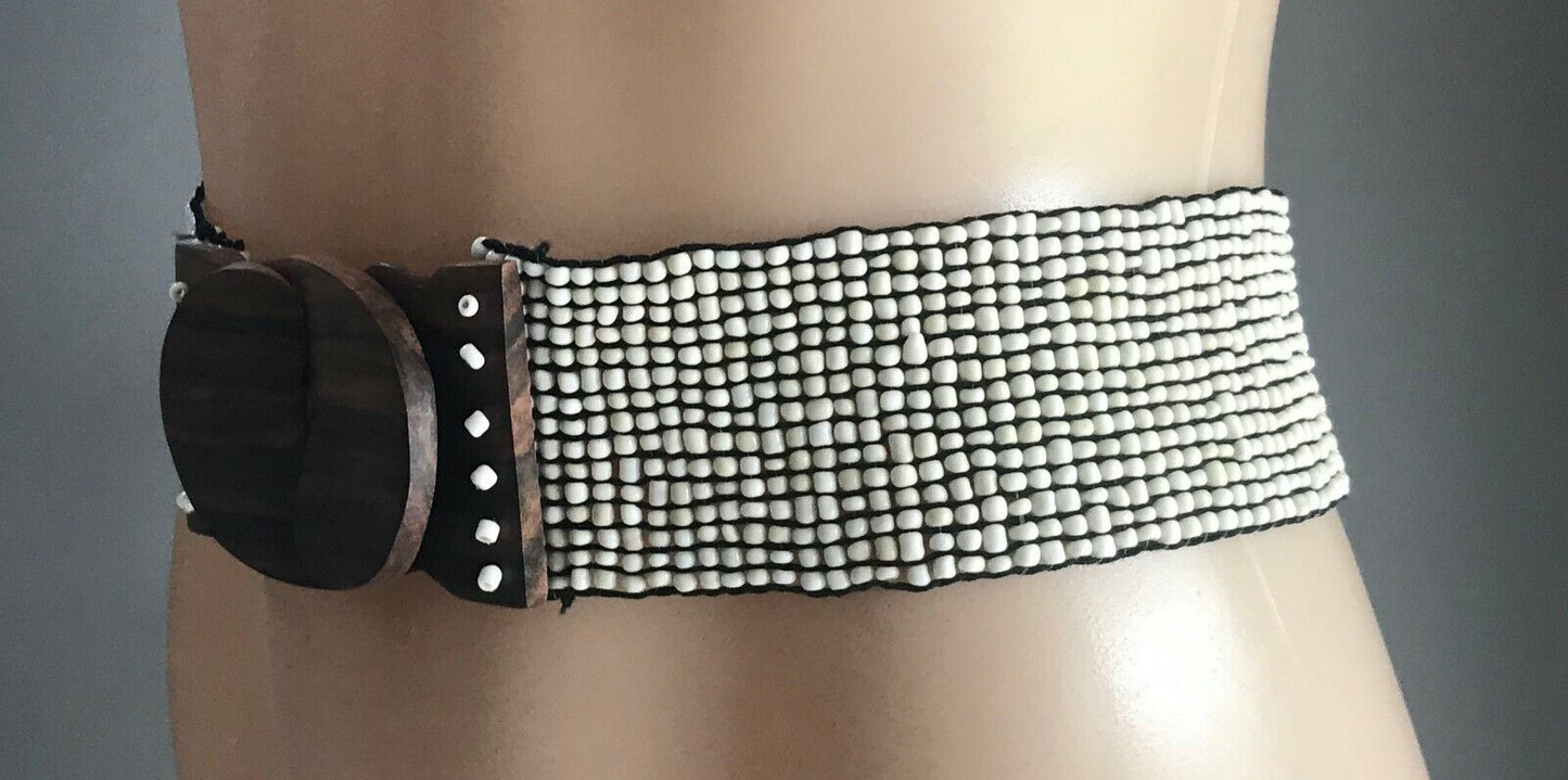 Ladies Belt Elastic SHELL BEAD Natural Interlock Wood Clasp Sz 10 14 Wide NEW