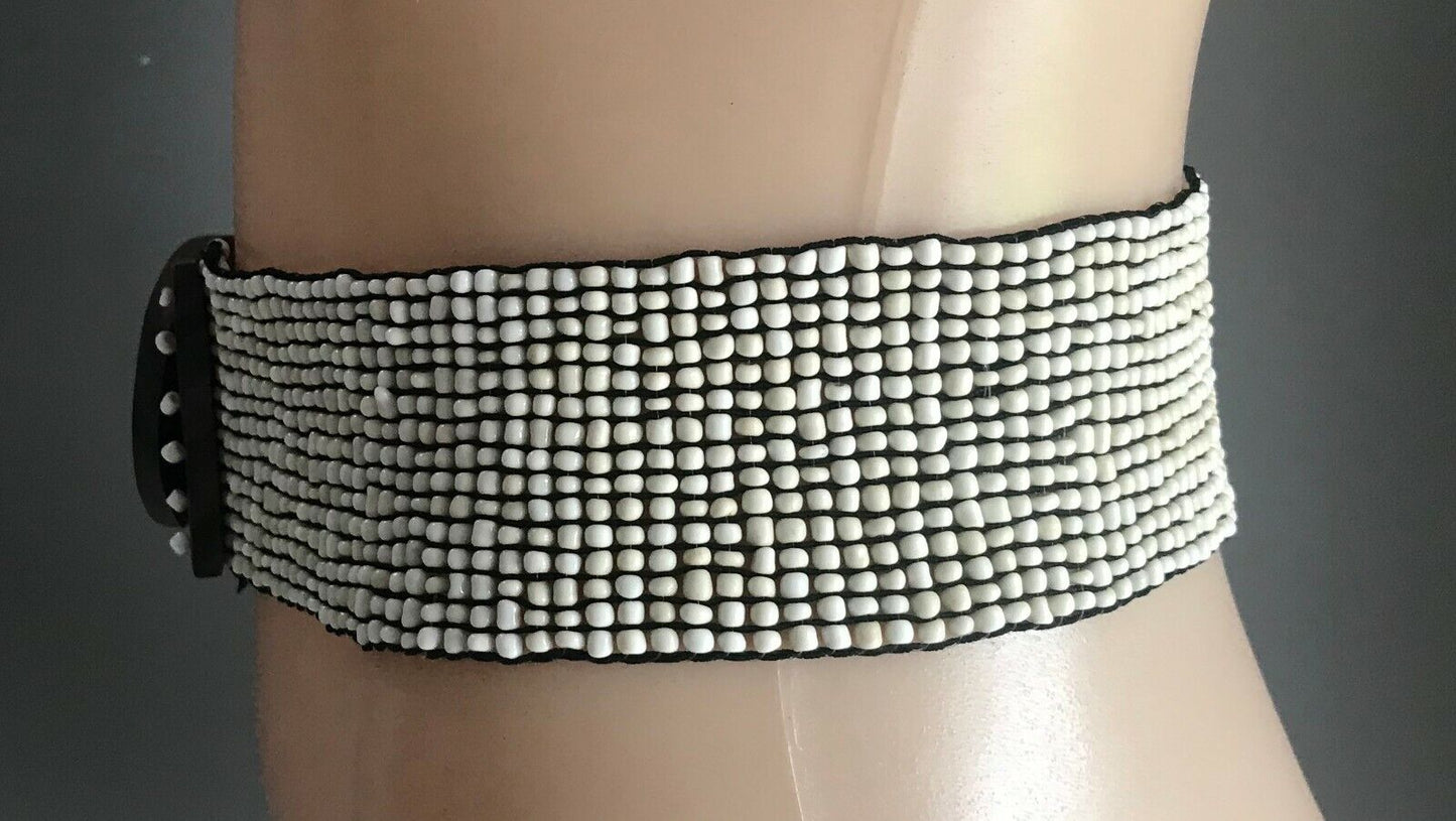 Ladies Belt Elastic SHELL BEAD Natural Interlock Wood Clasp Sz 10 14 Wide NEW