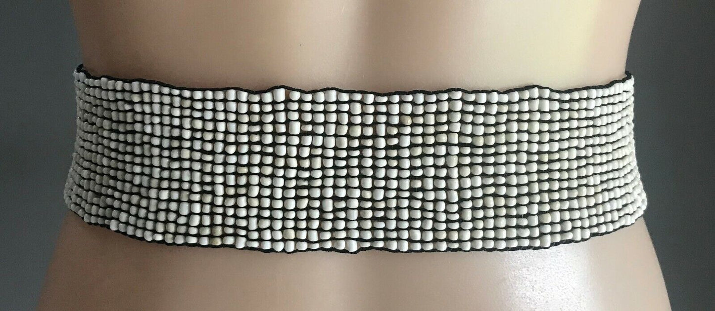 Ladies Belt Elastic SHELL BEAD Natural Interlock Wood Clasp Sz 10 14 Wide NEW
