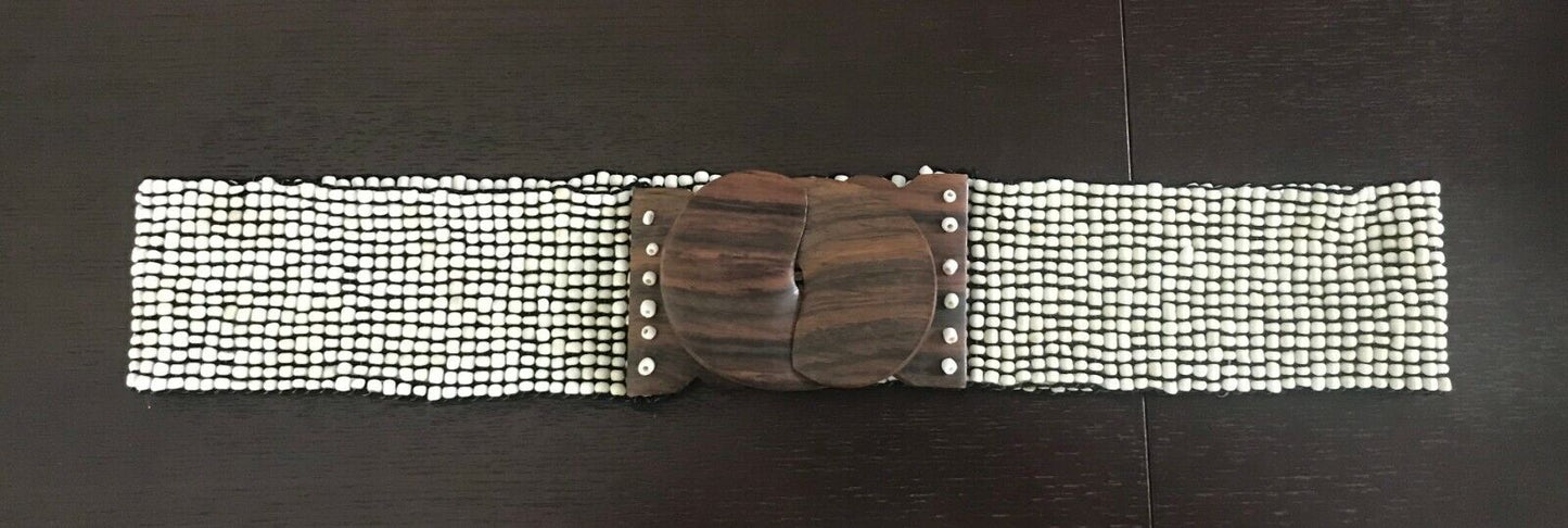 Ladies Belt Elastic SHELL BEAD Natural Interlock Wood Clasp Sz 10 14 Wide NEW