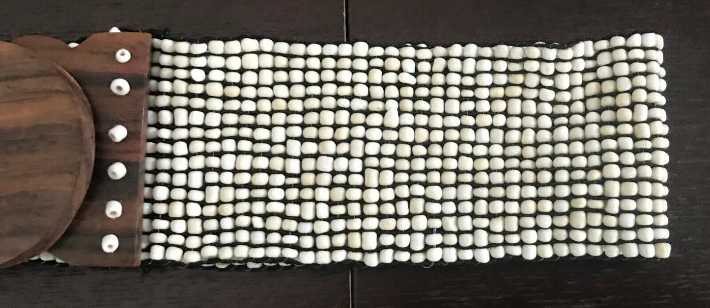 Ladies Belt Elastic SHELL BEAD Natural Interlock Wood Clasp Sz 10 14 Wide NEW