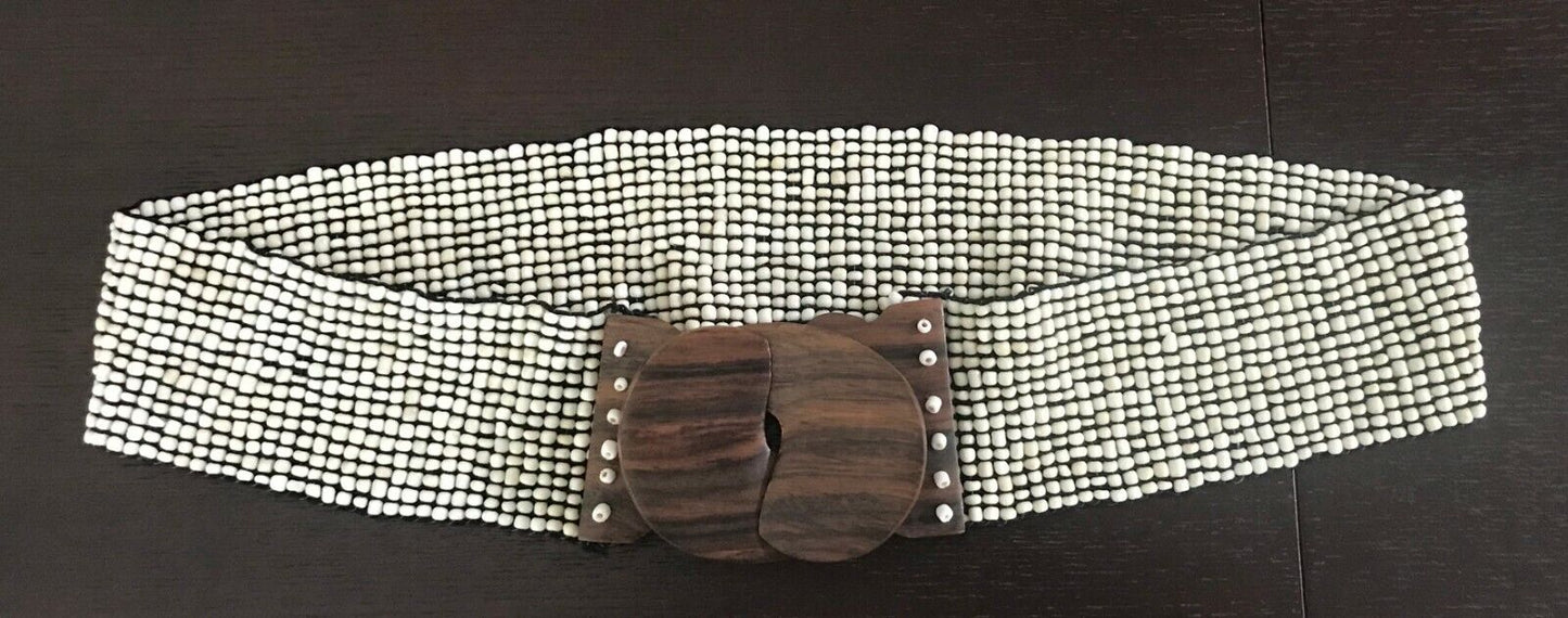 Ladies Belt Elastic SHELL BEAD Natural Interlock Wood Clasp Sz 10 14 Wide NEW