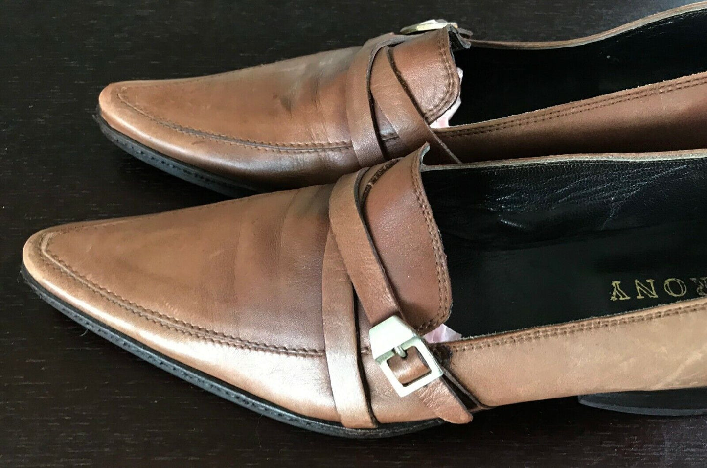 IRONY Brown Leather Pointy Toe Shoes w Strap & Buckle Detailing Ladies Size 36