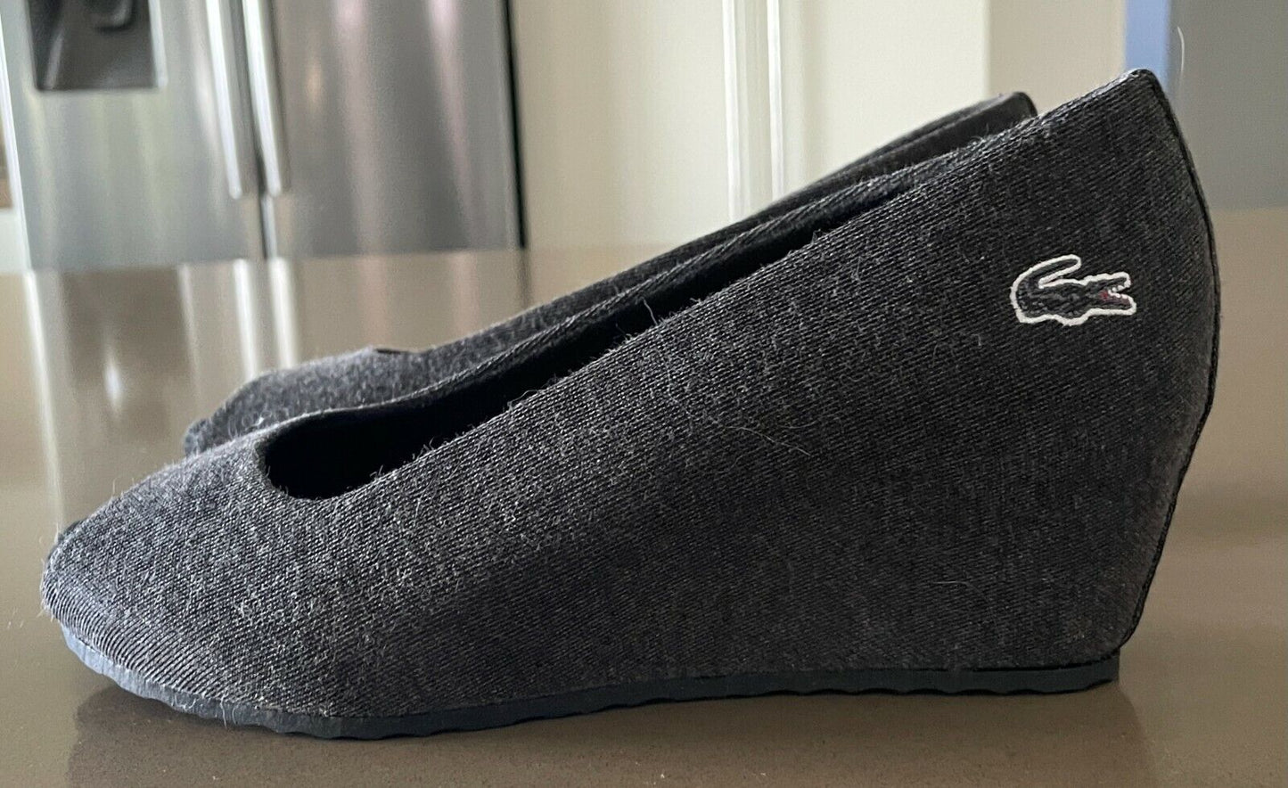 LACOSTE Shoes Wedge Heel Open Toe Charcoal Grey Fabric Ladies Sz UK 4 EU 37 US 6