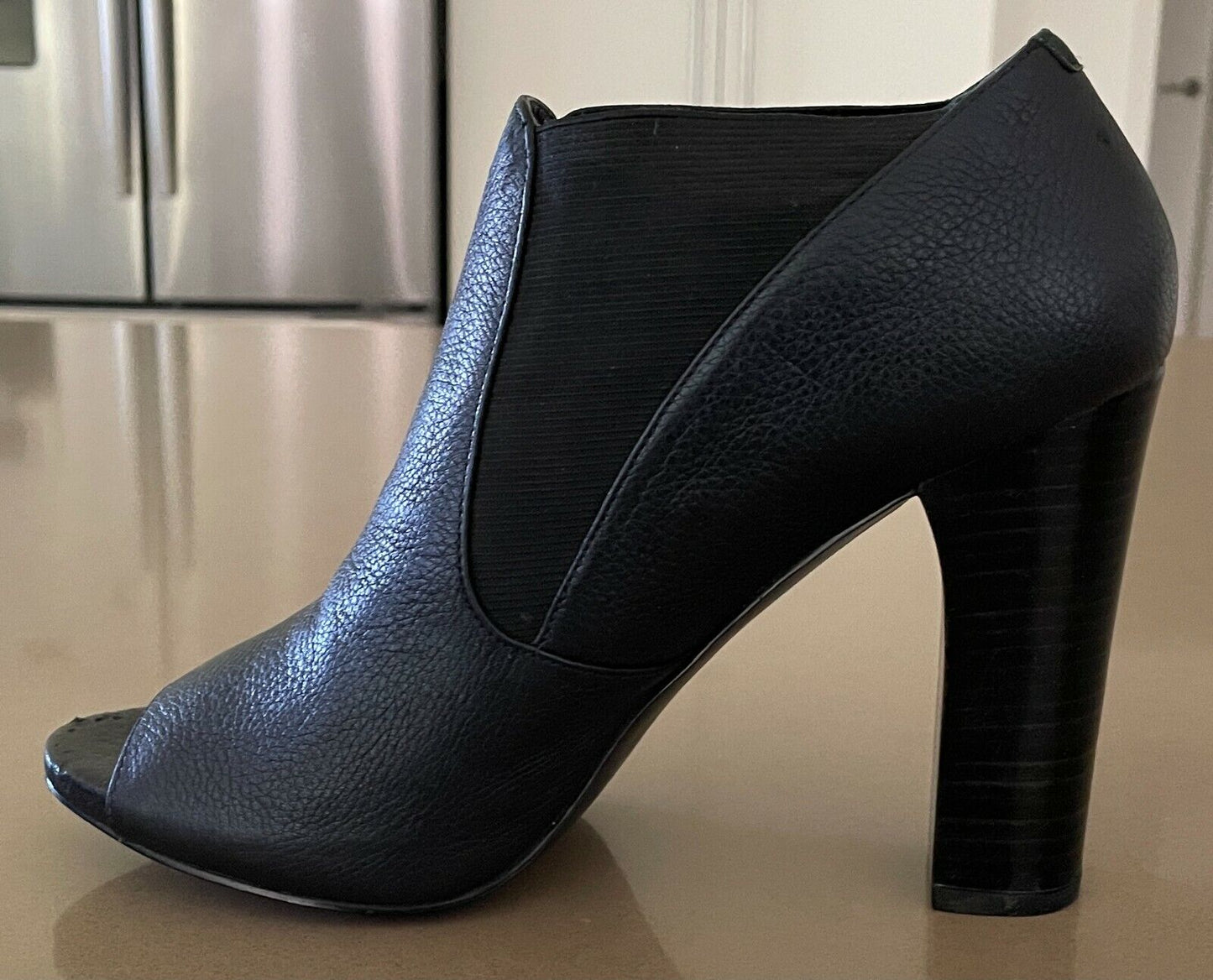 NINE WEST "Hoppy" Block Heel Booties Black Leather Open Toes Shoes Ladies Size 8