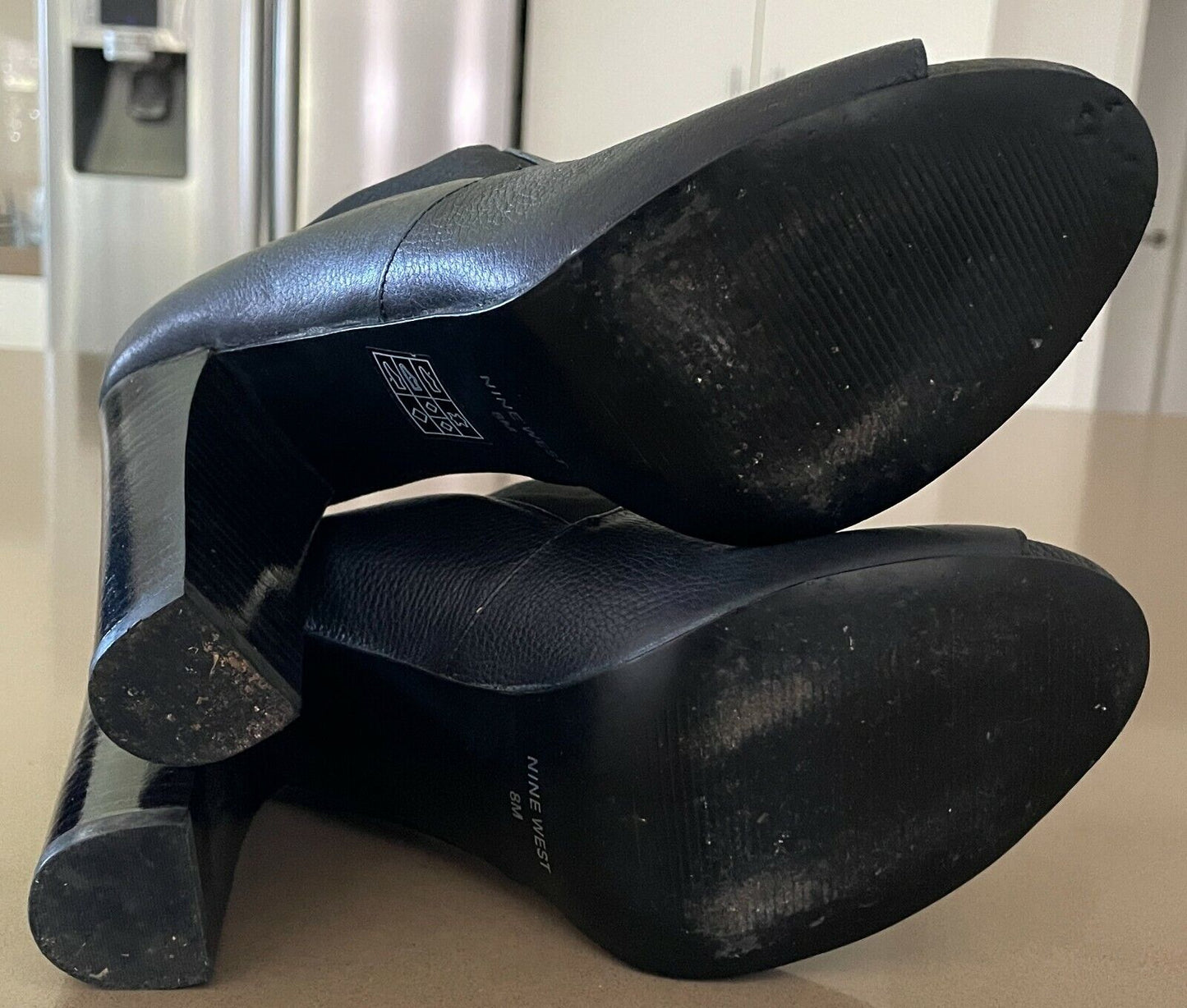NINE WEST "Hoppy" Block Heel Booties Black Leather Open Toes Shoes Ladies Size 8