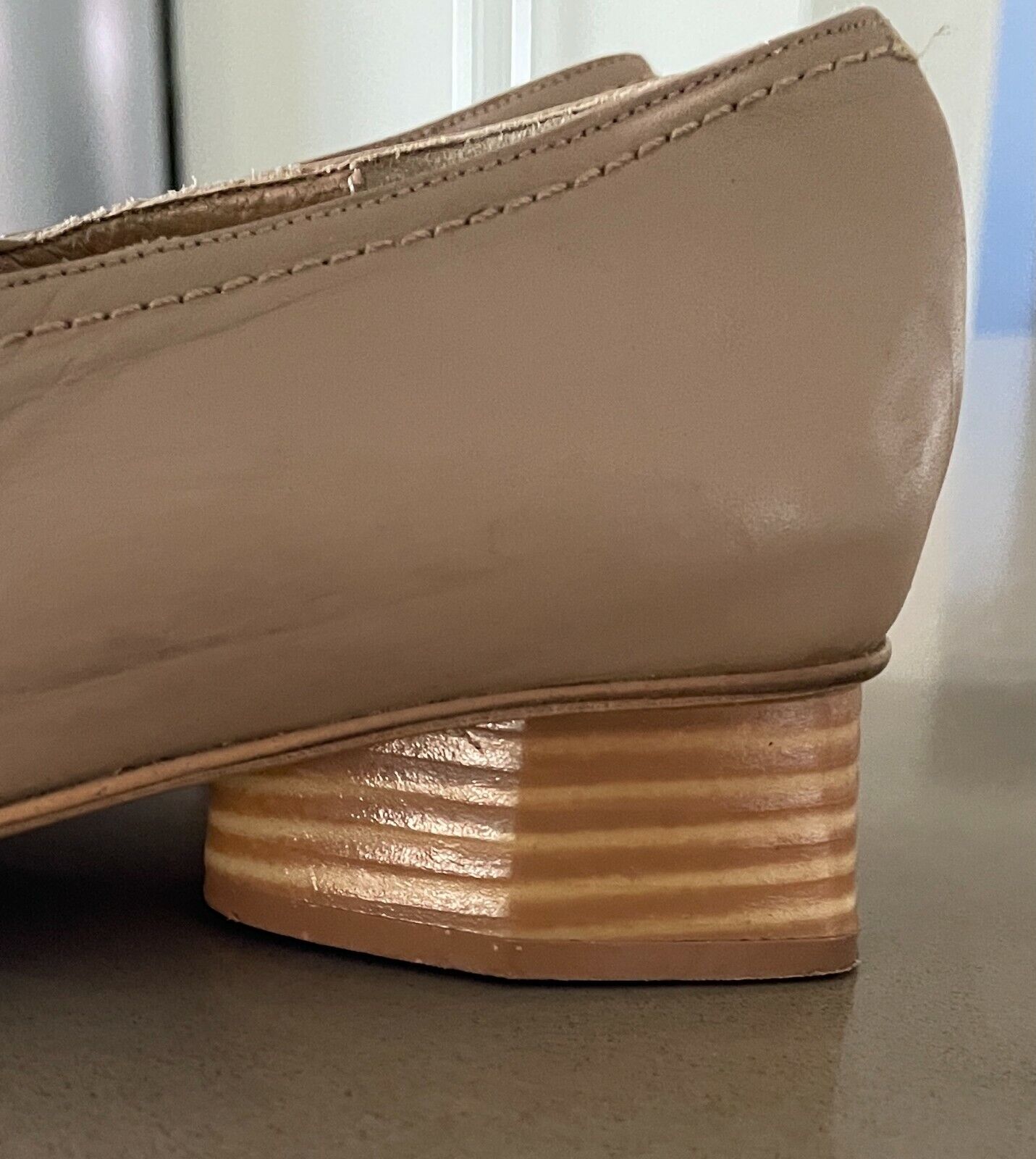 ZOOM Shoes Beige Leather Chunky 3.4cm Heel Loafer Ladies Size 38 Italian Made