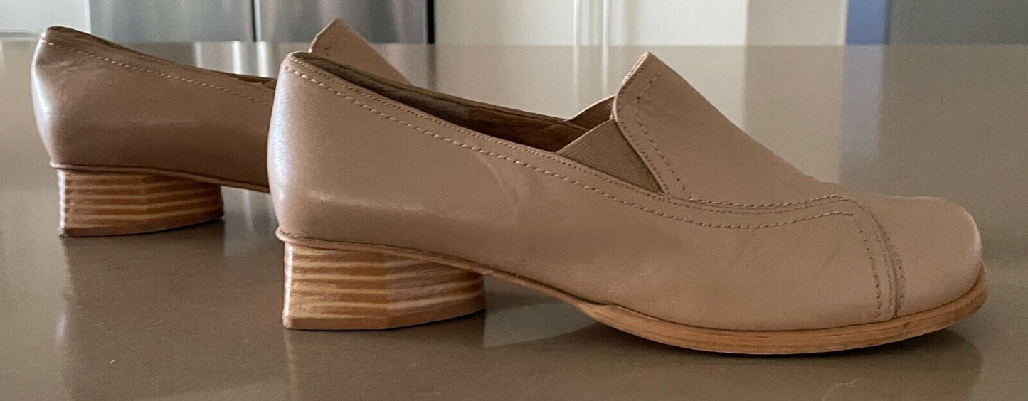 ZOOM Shoes Beige Leather Chunky 3.4cm Heel Loafer Ladies Size 38 Italian Made