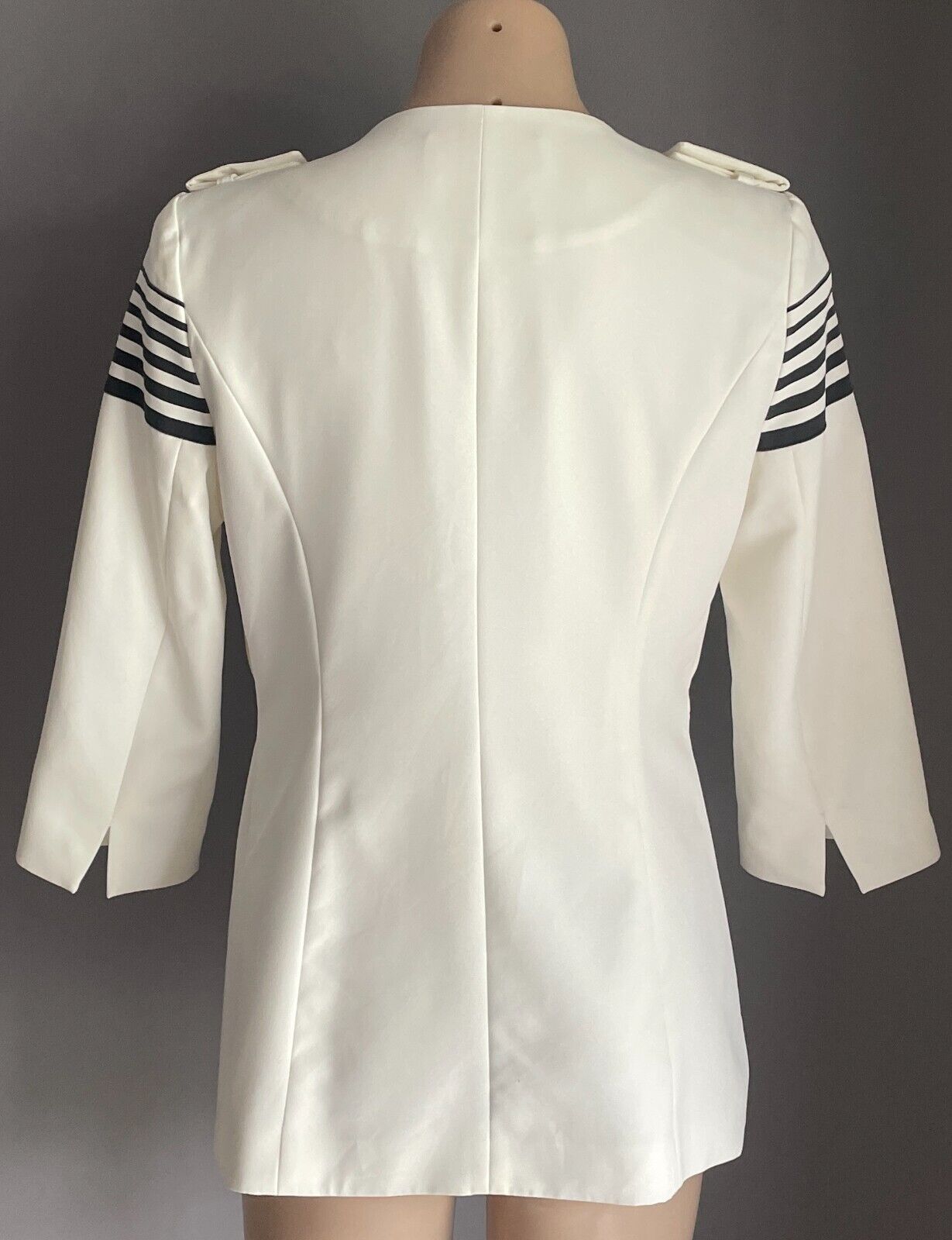 A YILIAN Jacket White & Black Stripe Trim 3/4 Sleeve Blazer Collarless Sz M 12