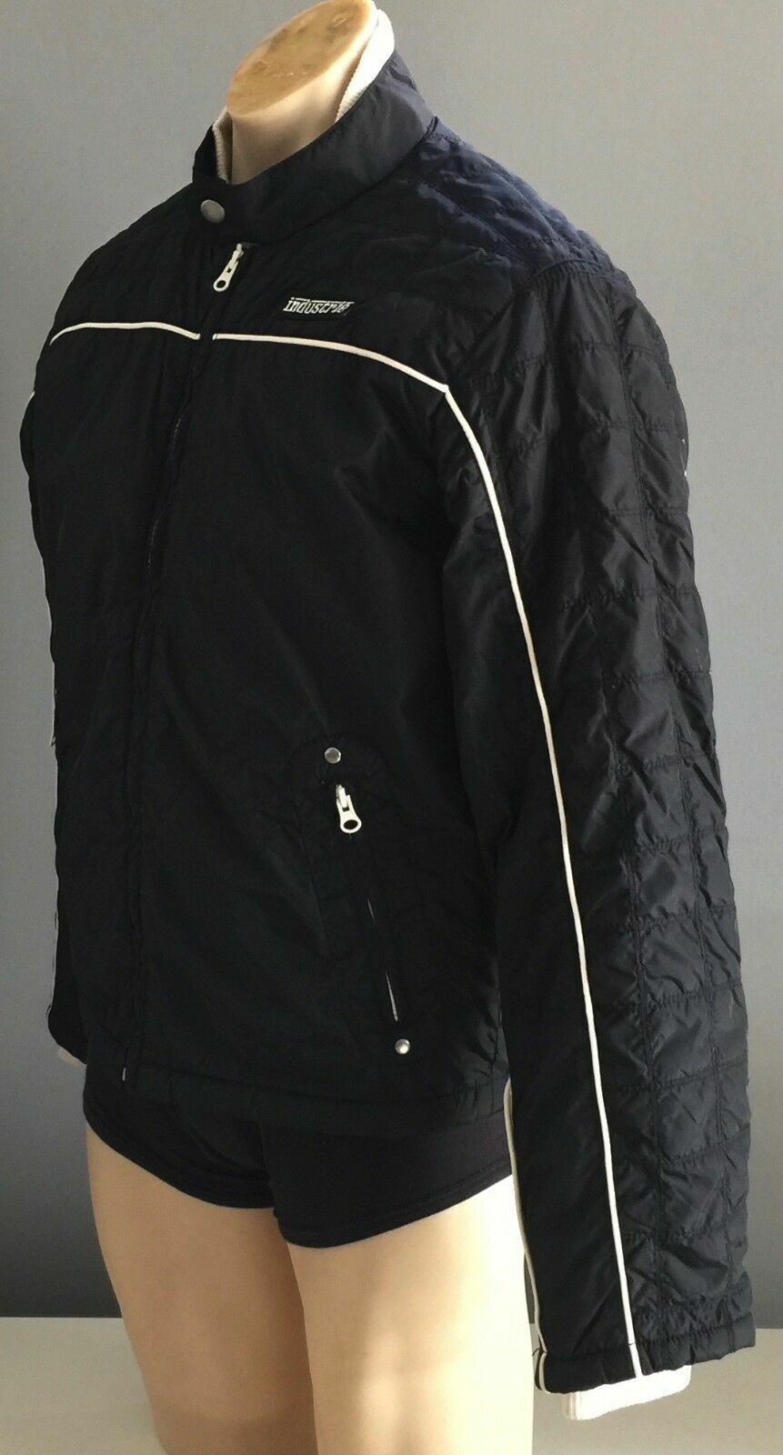 Mens INDUSTRIE Quilted Bomber Jacket Black & Cream Trim Size M