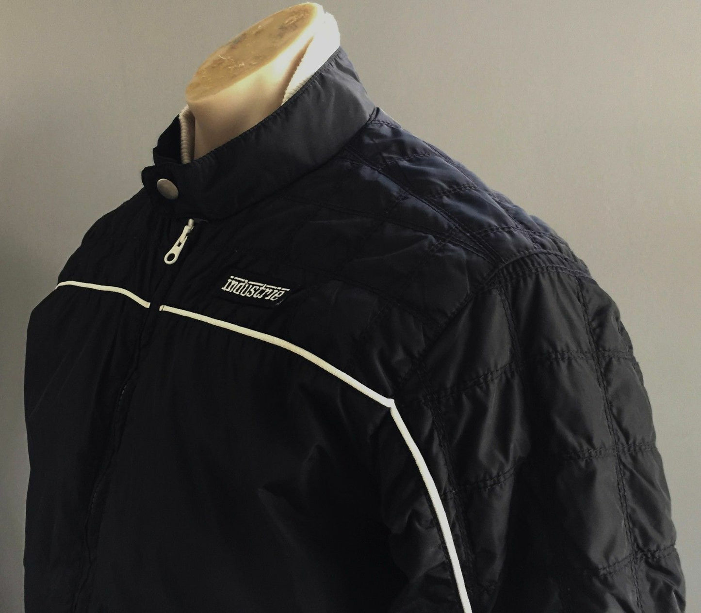 Mens INDUSTRIE Quilted Bomber Jacket Black & Cream Trim Size M