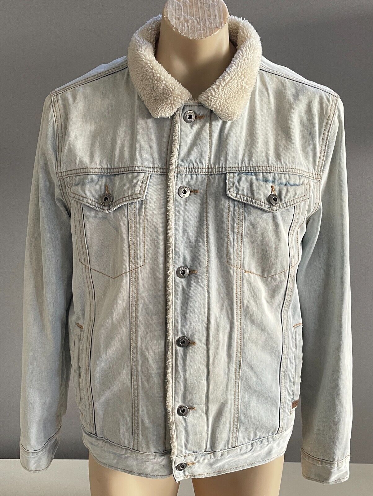 Mens Denim Jacket PARK Sherpa Faded Blue Lined Long Sleeve Size L Super Warm