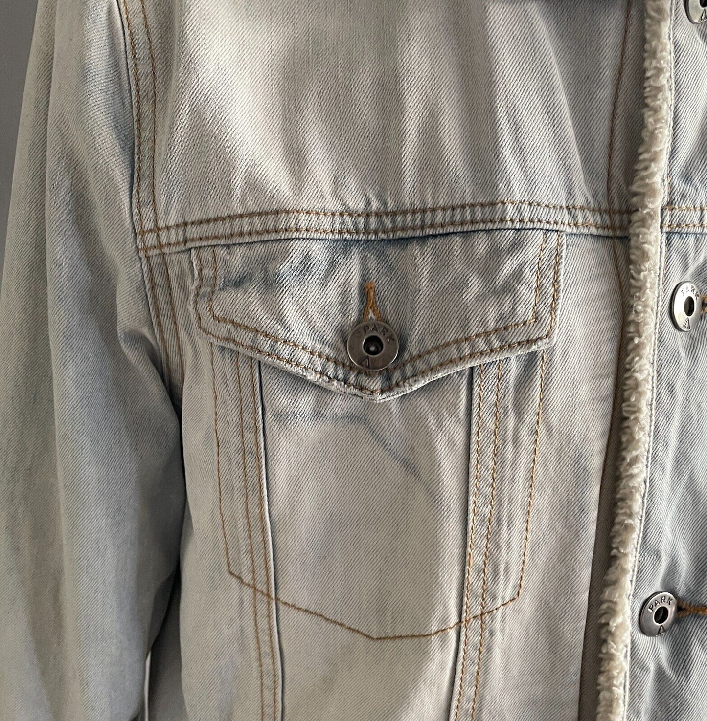 Mens Denim Jacket PARK Sherpa Faded Blue Lined Long Sleeve Size L Super Warm