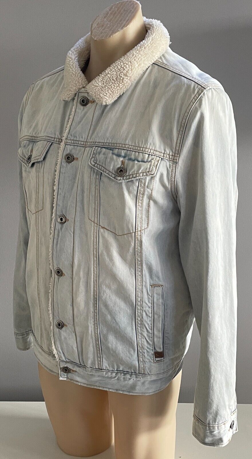 Mens Denim Jacket PARK Sherpa Faded Blue Lined Long Sleeve Size L Super Warm