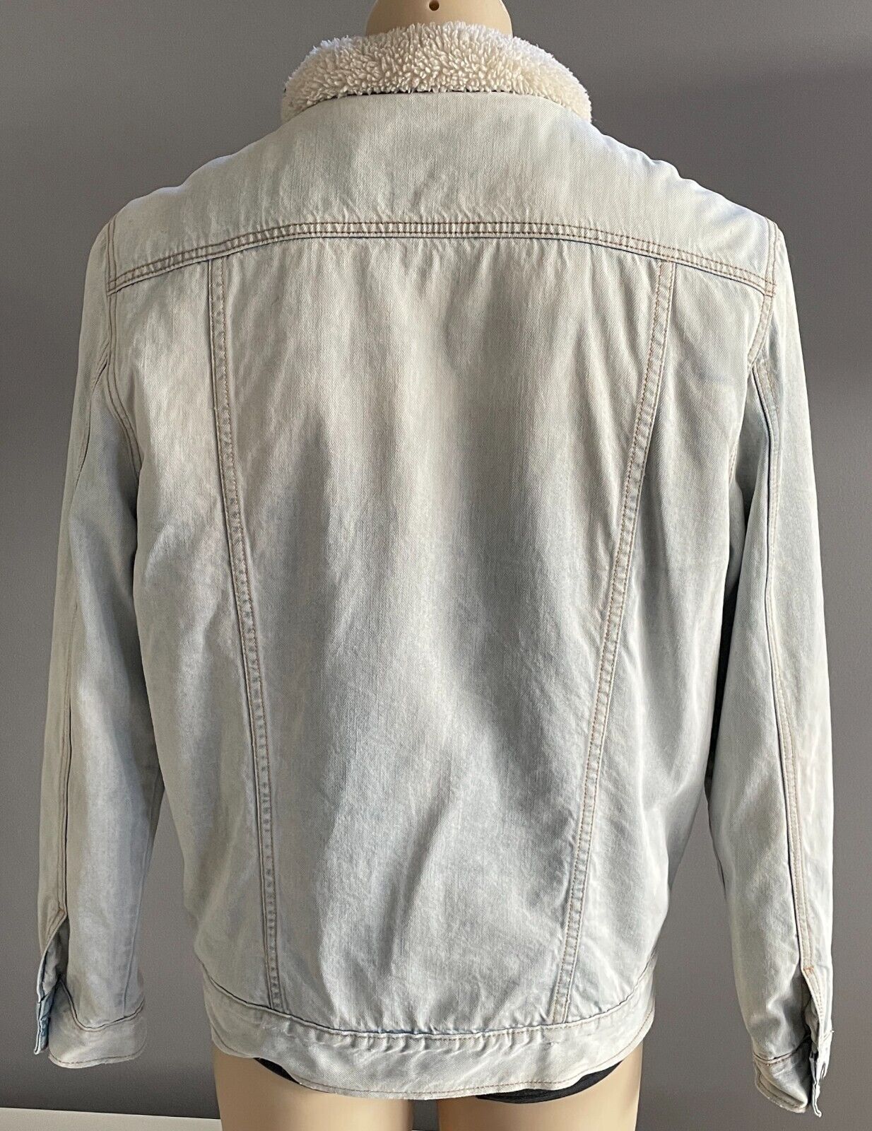 Mens Denim Jacket PARK Sherpa Faded Blue Lined Long Sleeve Size L Super Warm