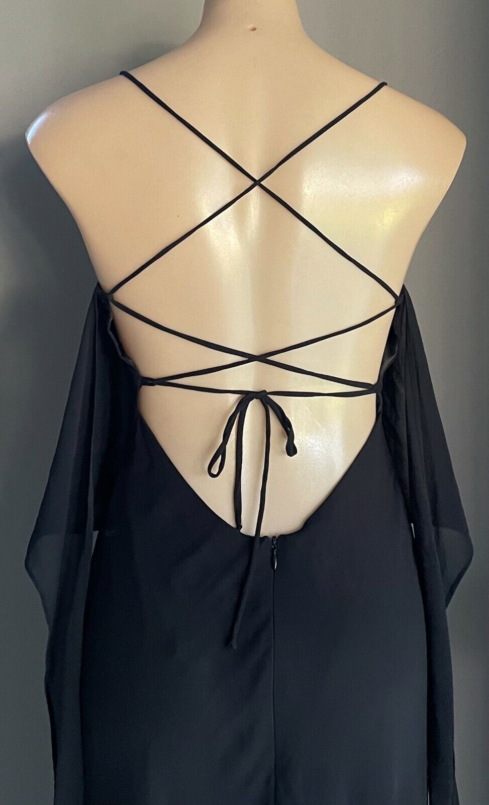 AURELIE Mermaid Maxi GOWN Black Strappy Criss Cross Tie Back Dress Sz 10 Vintage