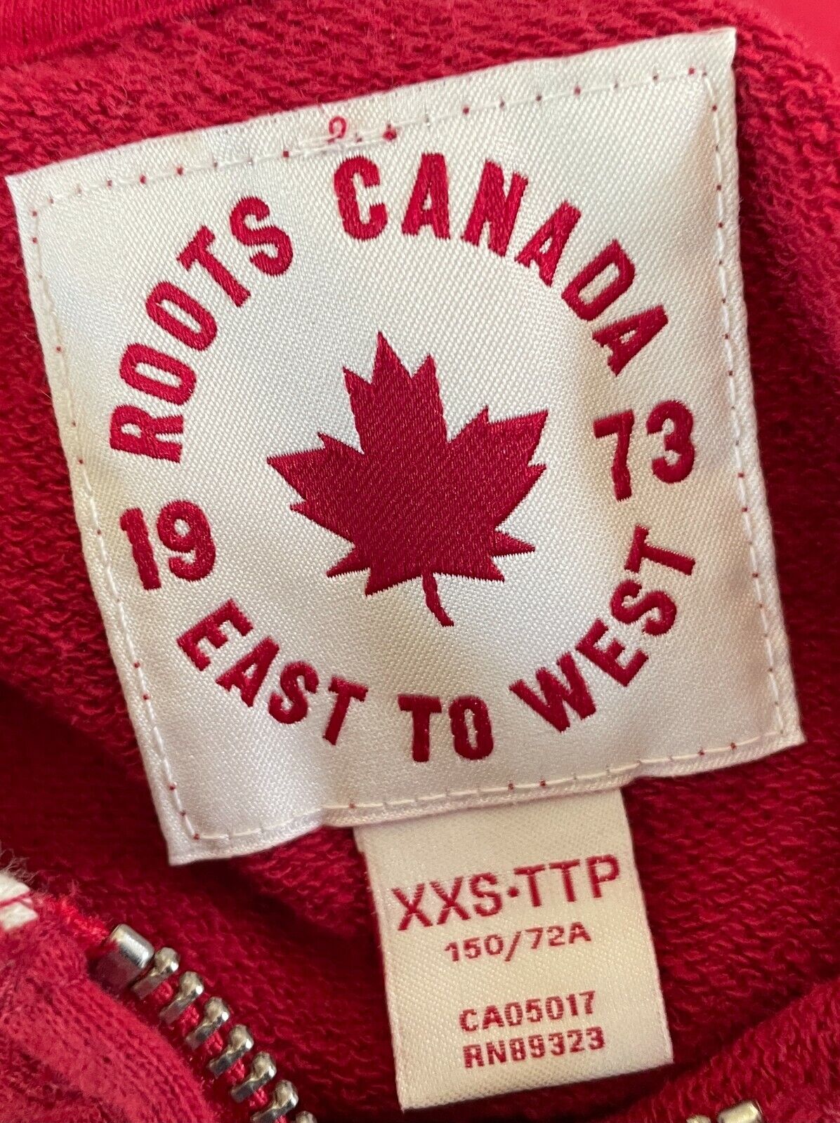 ROOTS CANADA 1973 Hooded Jacket Red White Trim Long Sleeve Zip Jersey Sz XXS 10