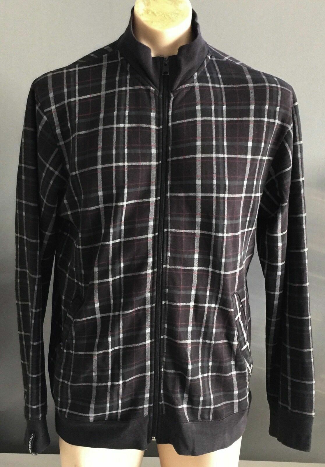 Mens URBANOLOGY Zip Jacket Black Grey & Red Check Print High Neck Size L