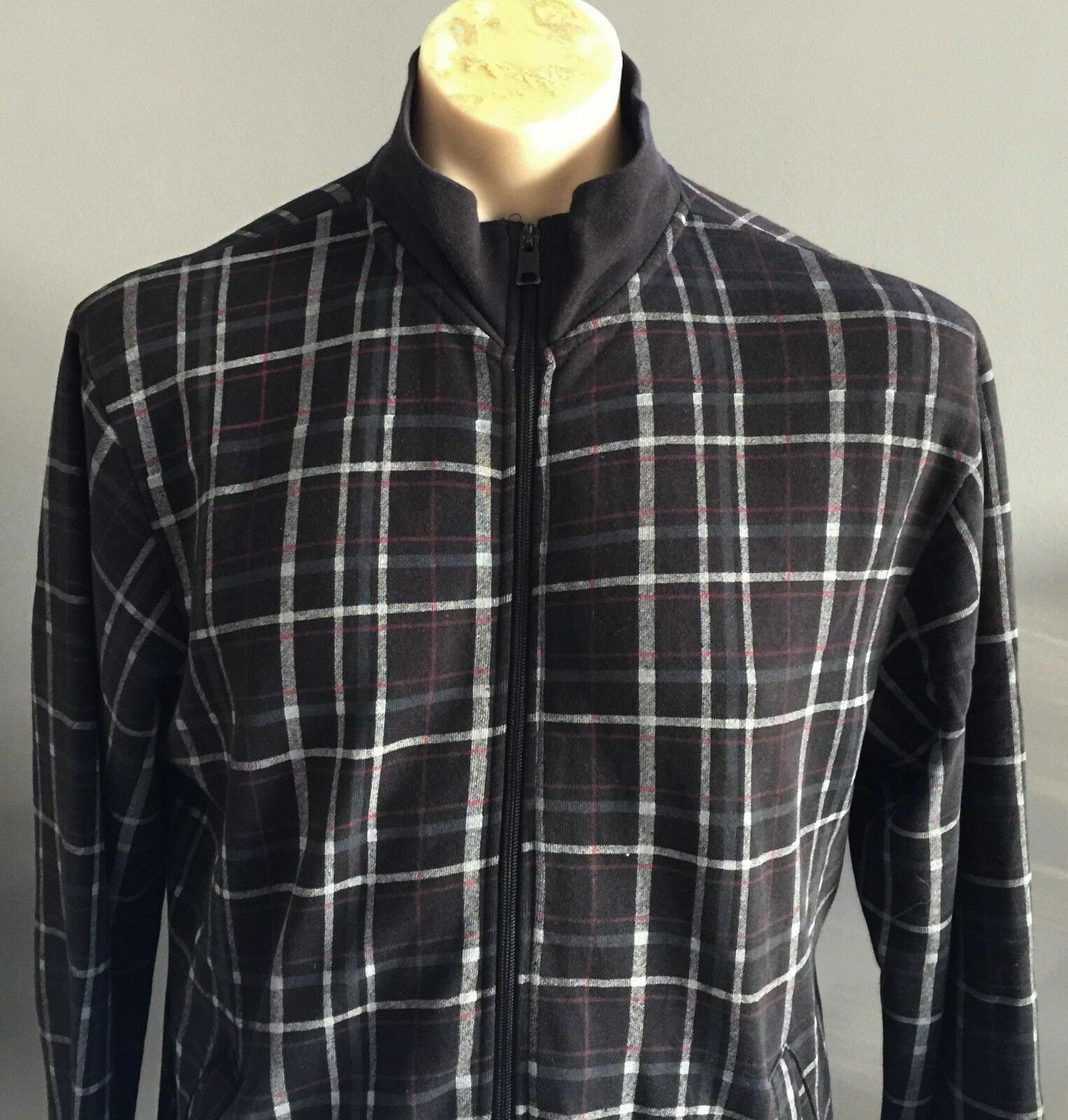 Mens URBANOLOGY Zip Jacket Black Grey & Red Check Print High Neck Size L