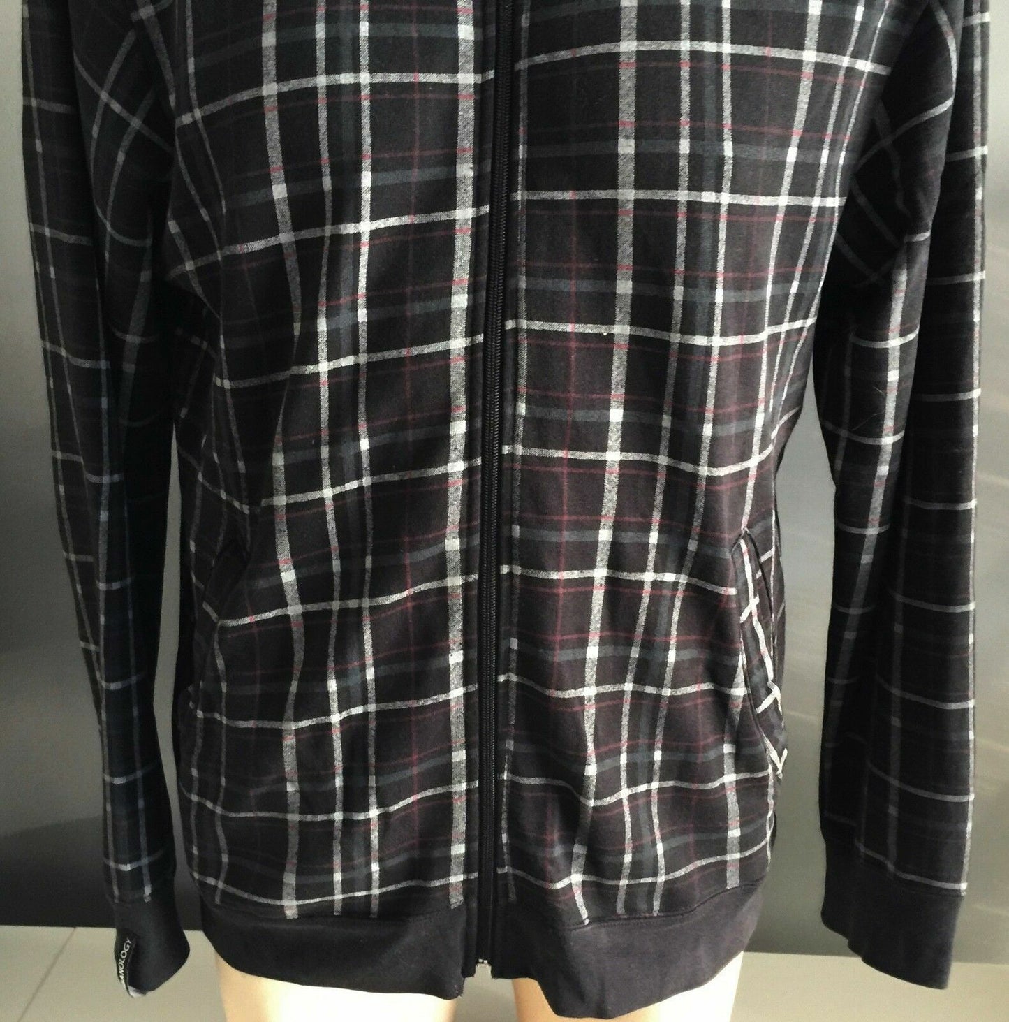 Mens URBANOLOGY Zip Jacket Black Grey & Red Check Print High Neck Size L