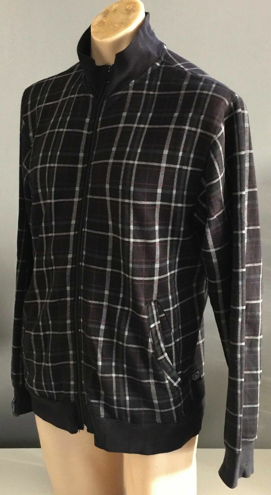 Mens URBANOLOGY Zip Jacket Black Grey & Red Check Print High Neck Size L