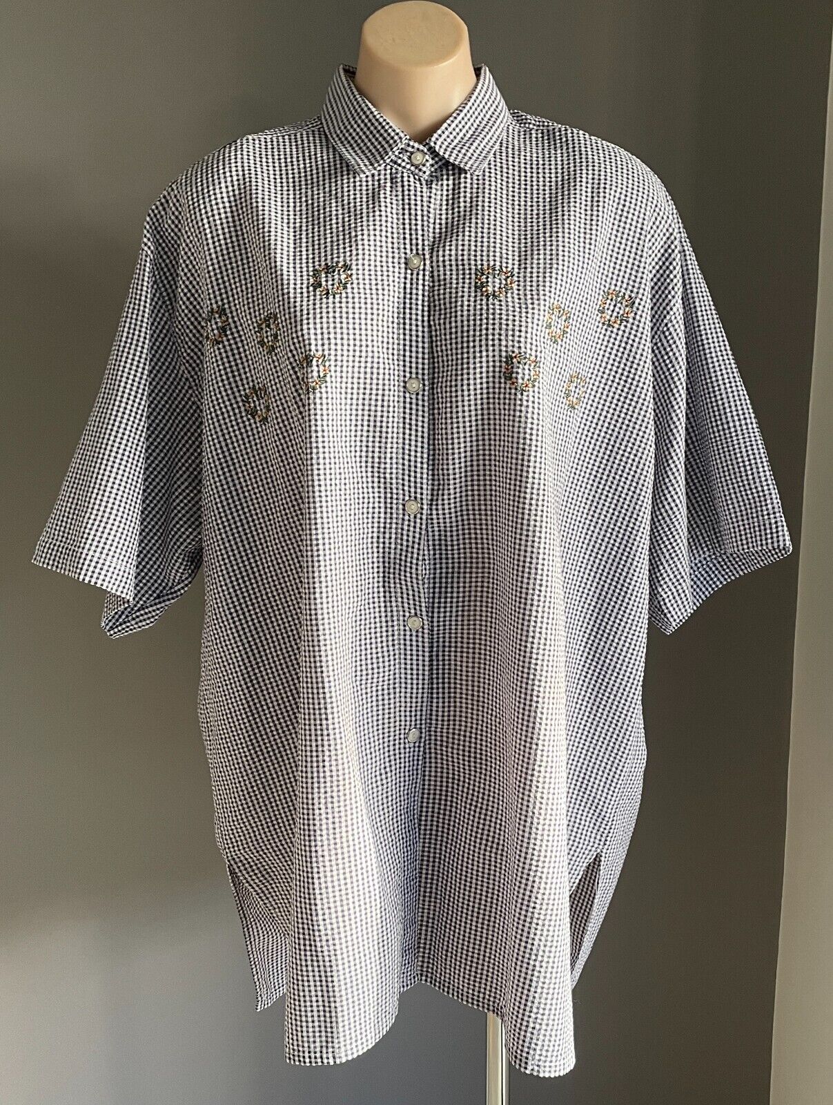777 SMITH AND WILLS LTD Shirt Navy White Seersucker Gingham Short Sleeve Size XL