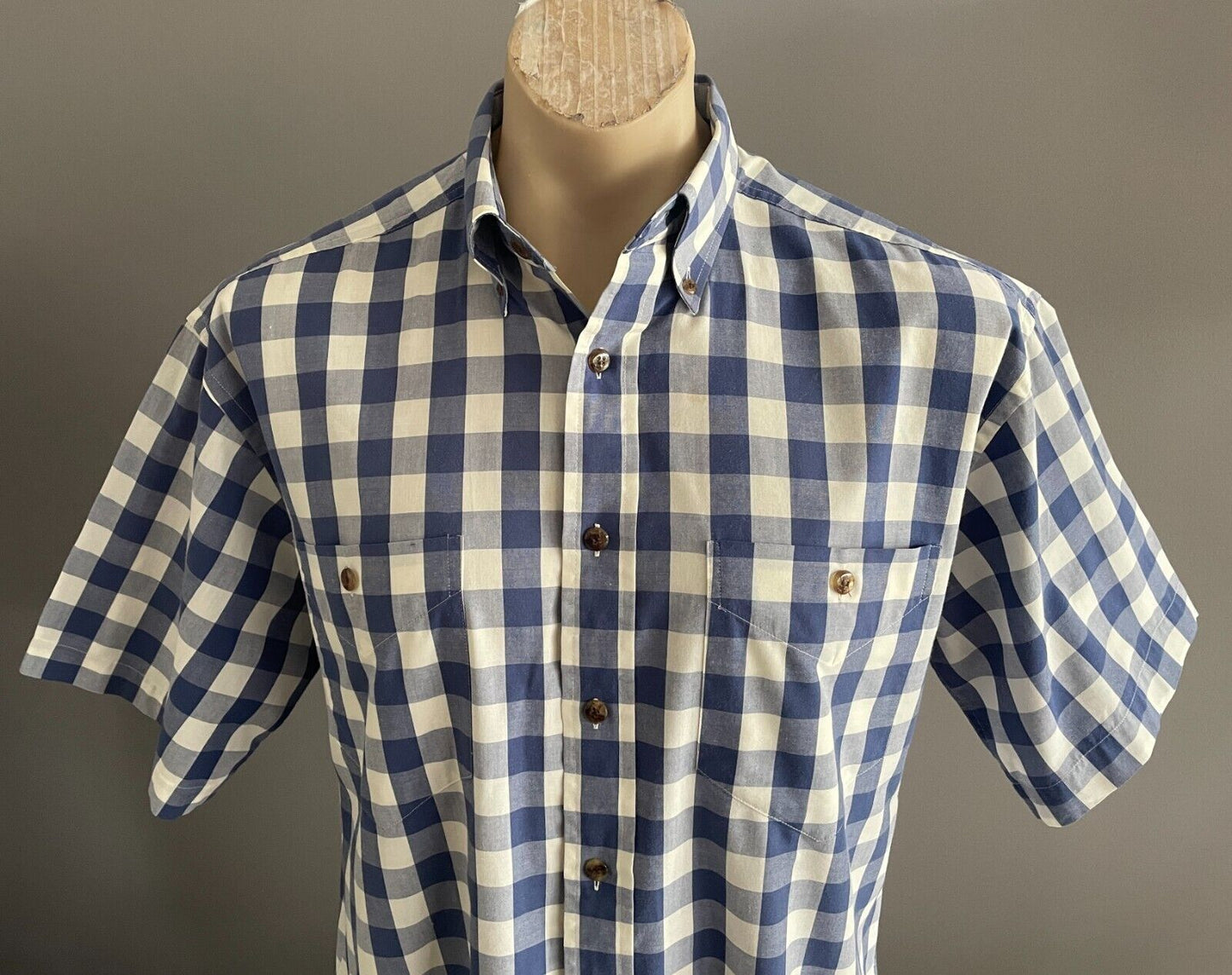 HC STUDIO Shirt Blue & White Check Print Mens Size M Classic Fit Short Sleeves