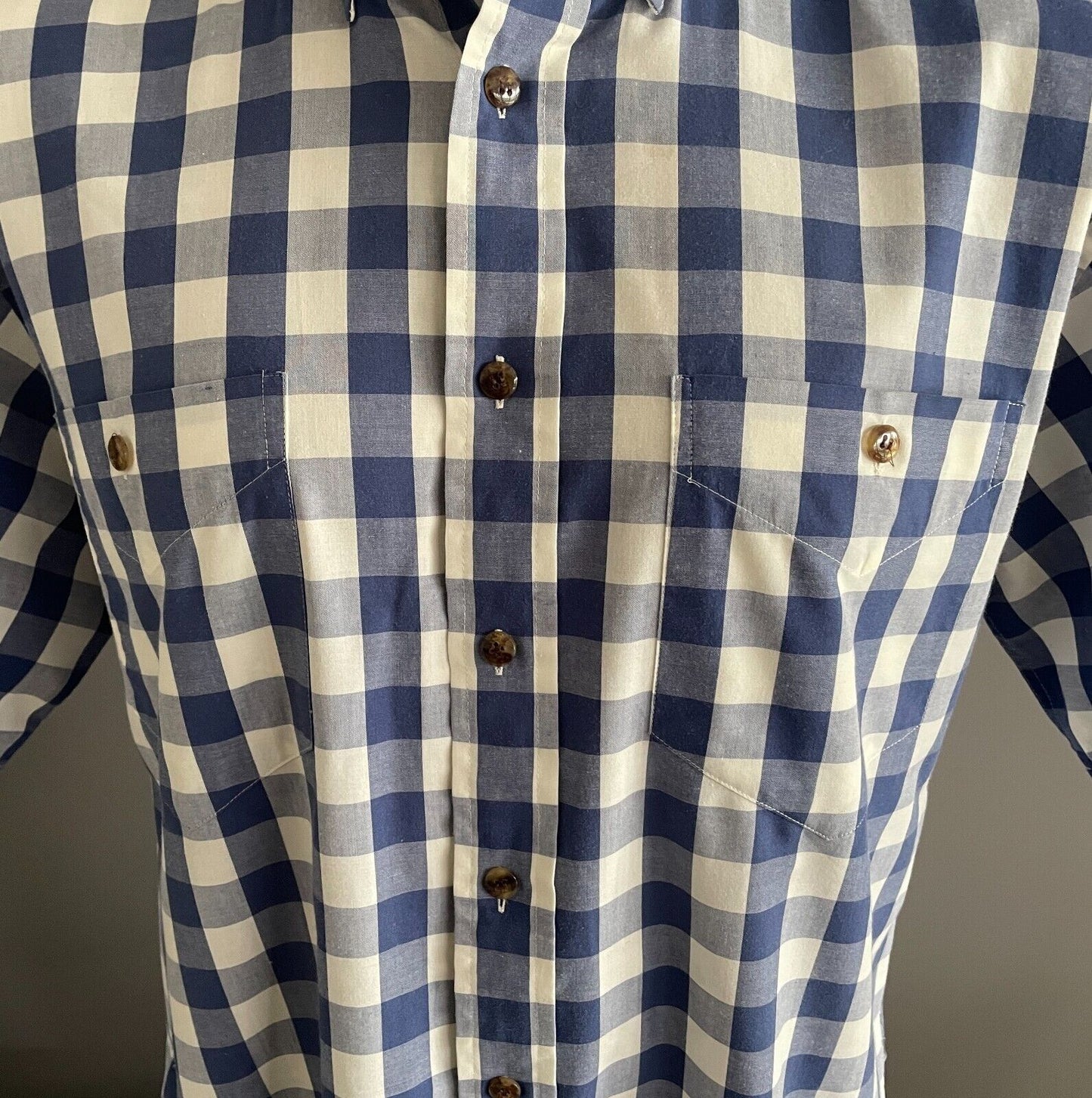 HC STUDIO Shirt Blue & White Check Print Mens Size M Classic Fit Short Sleeves