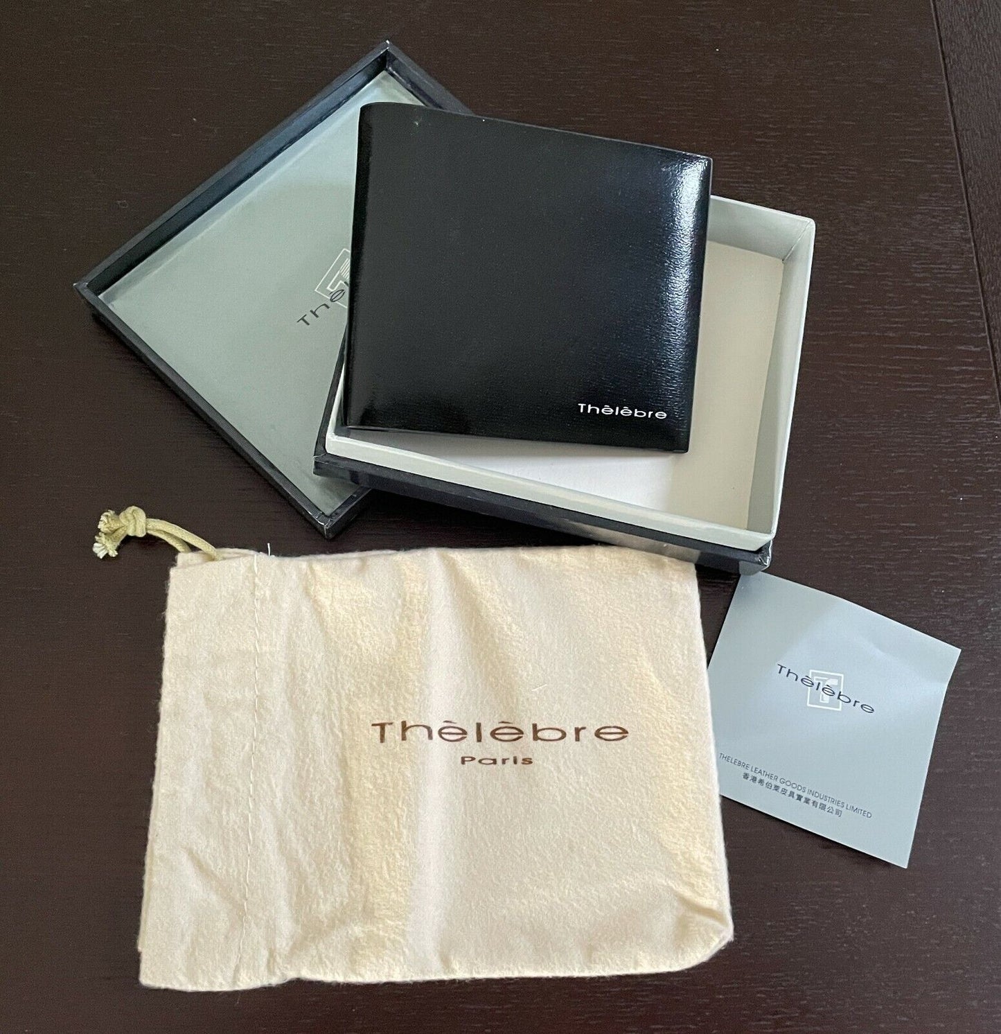 New Mens THELEBRE WALLET Paris Black High Gloss Bi-Fold Leather Gift Box Set