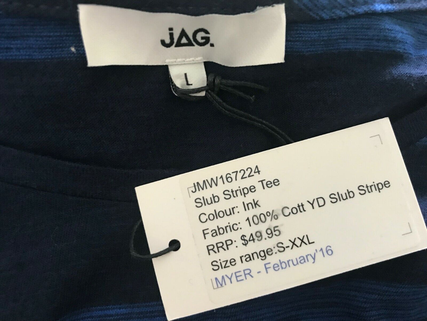 JAG T-Shirt Blue & Black "Slub Stripe" Short Sleeve Mens Size L Tee Shirt NEW