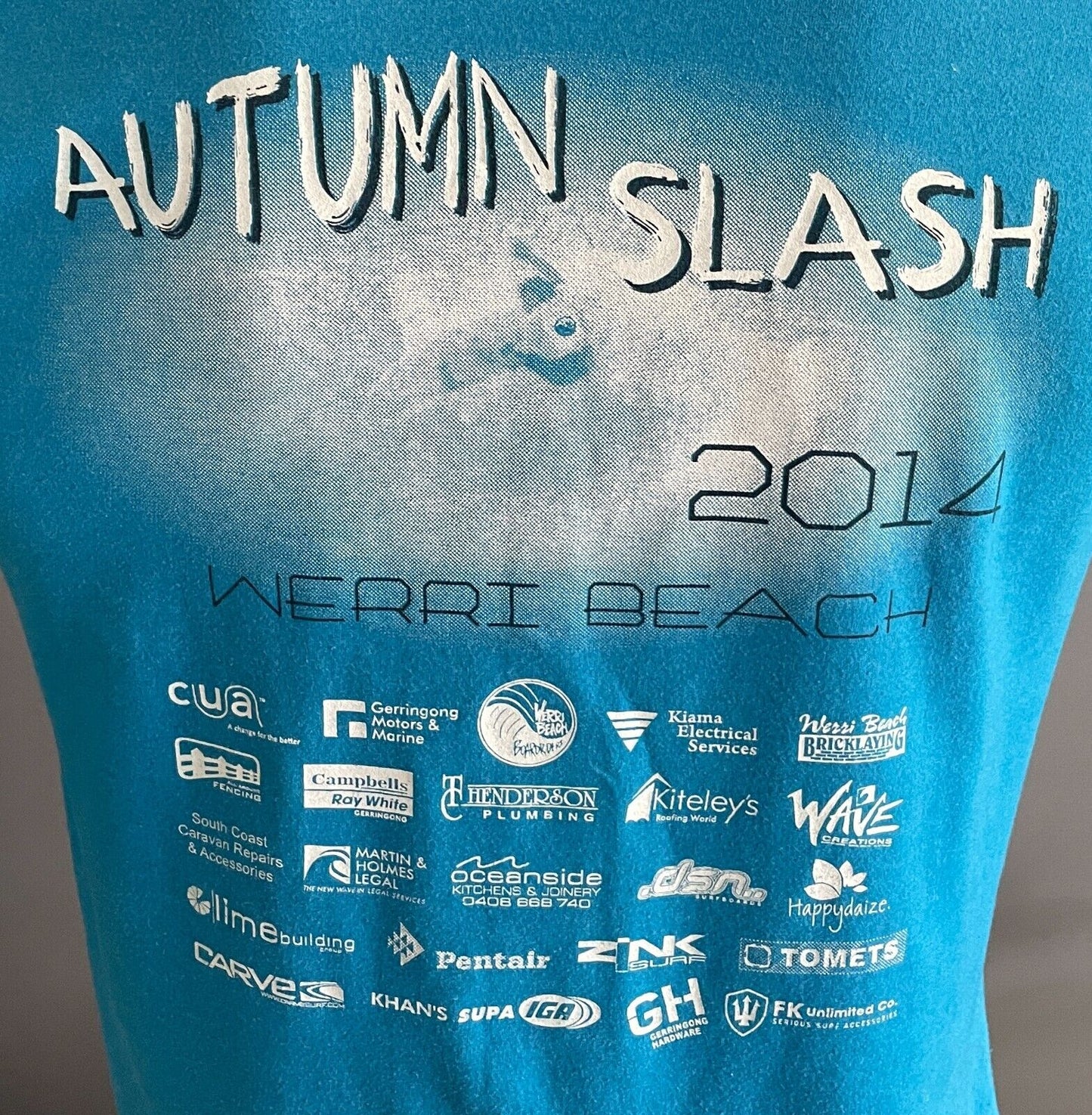 Blue Short Sleeve T-Shirt "Werri Beach Autumn Slash 2014" Unisex Chest 100cm Tee