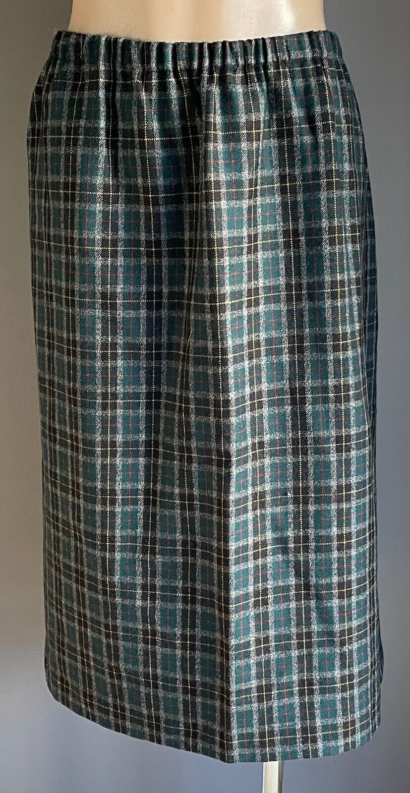 Vintage Wool Midi Straight Skirt Green & Navy Check Plaid Elastic Waist Size 18