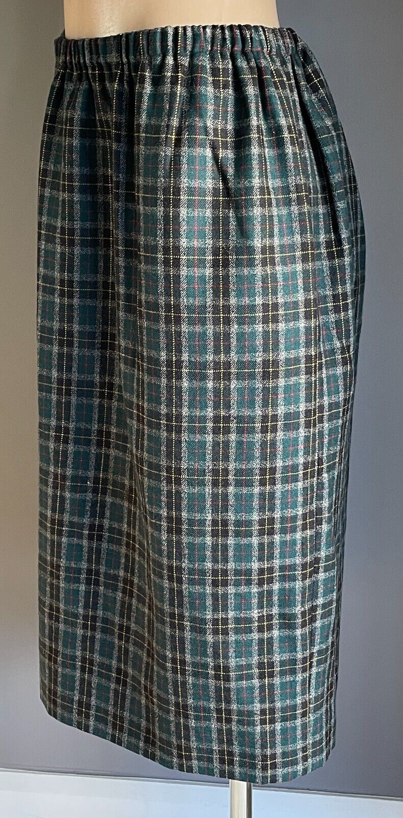 Vintage Wool Midi Straight Skirt Green & Navy Check Plaid Elastic Waist Size 18