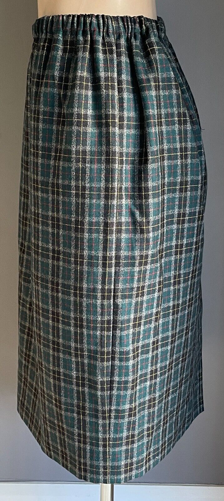 Vintage Wool Midi Straight Skirt Green & Navy Check Plaid Elastic Waist Size 18
