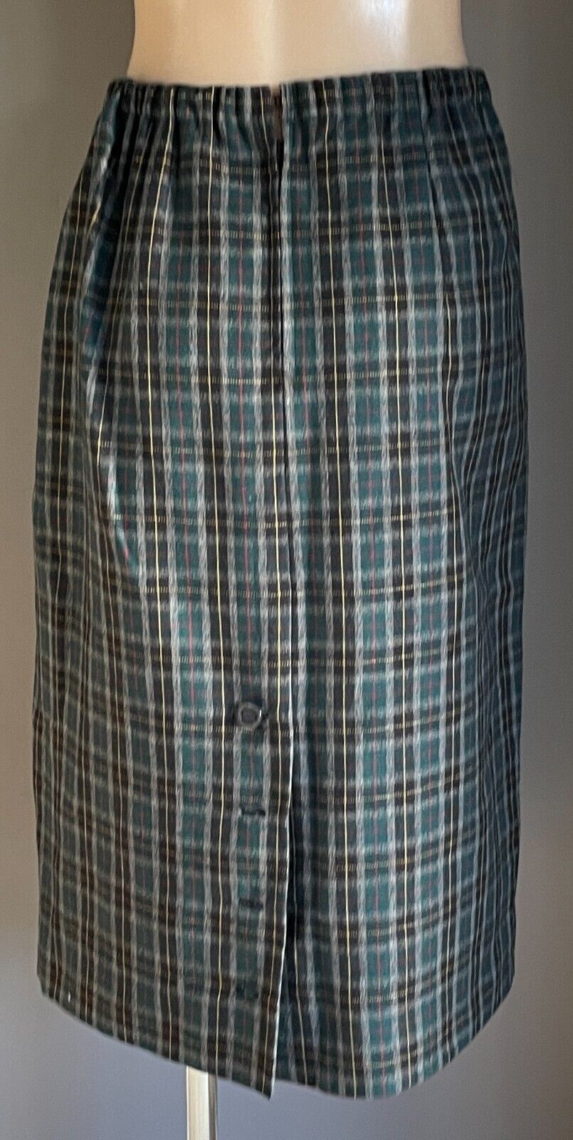 Vintage Wool Midi Straight Skirt Green & Navy Check Plaid Elastic Waist Size 18