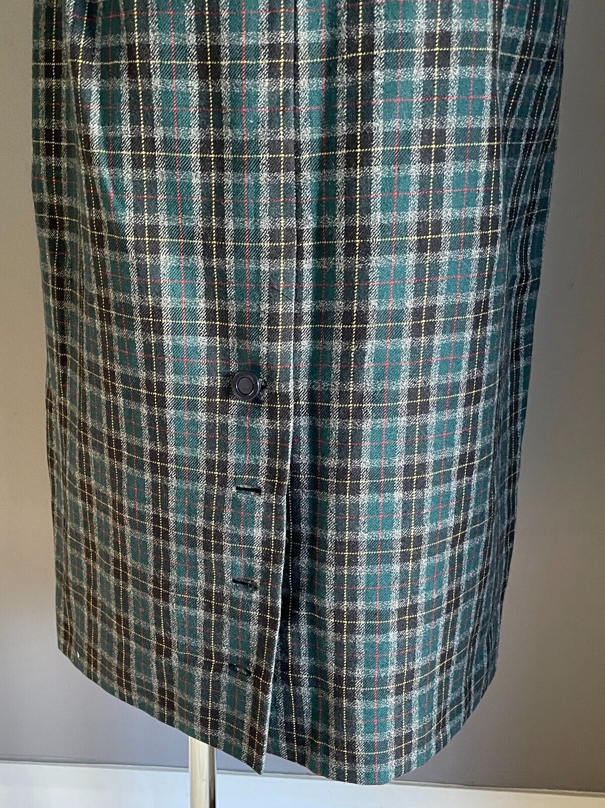 Vintage Wool Midi Straight Skirt Green & Navy Check Plaid Elastic Waist Size 18