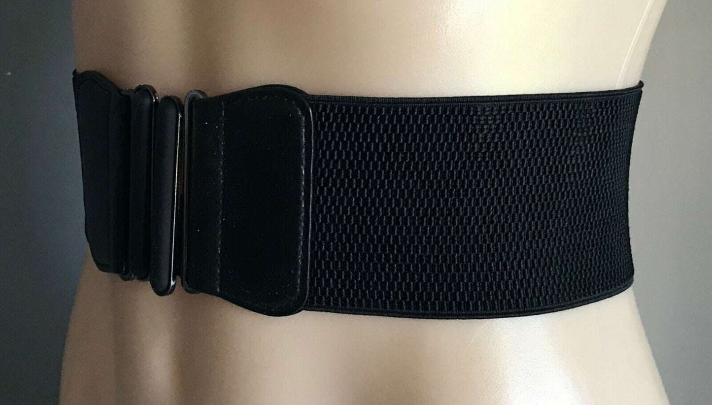 Ladies Belt Elastic 7.5cm Black Thick Large Interlocking Buckle Size 8 10