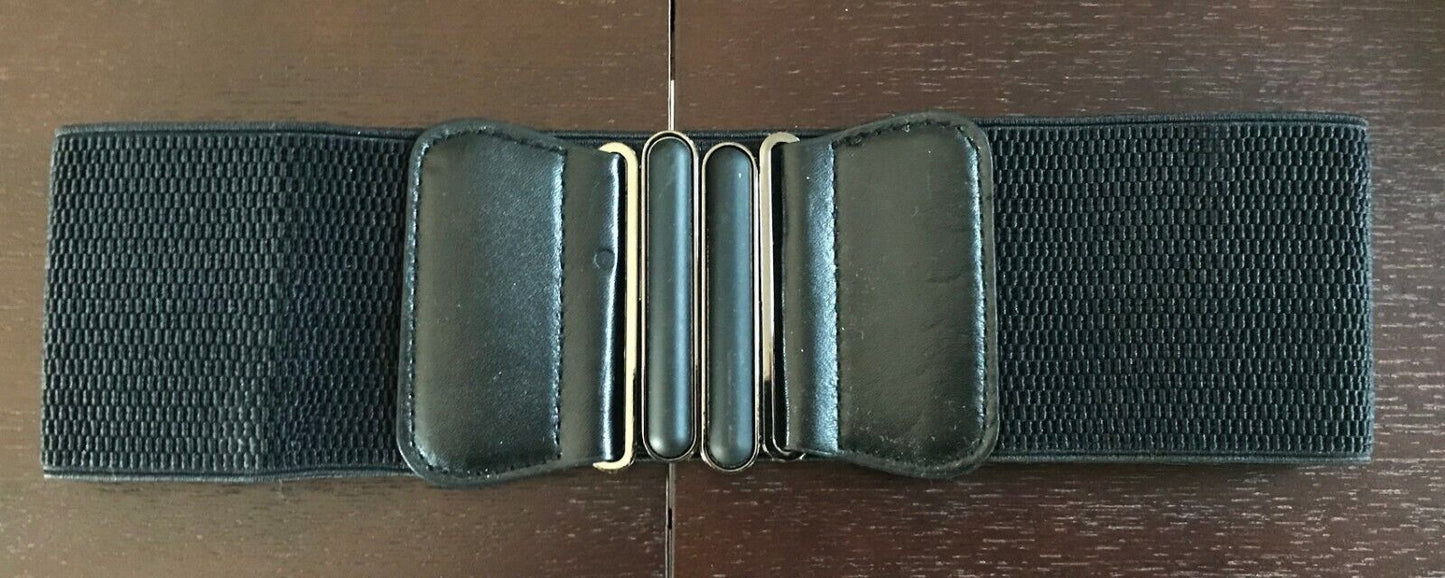 Ladies Belt Elastic 7.5cm Black Thick Large Interlocking Buckle Size 8 10
