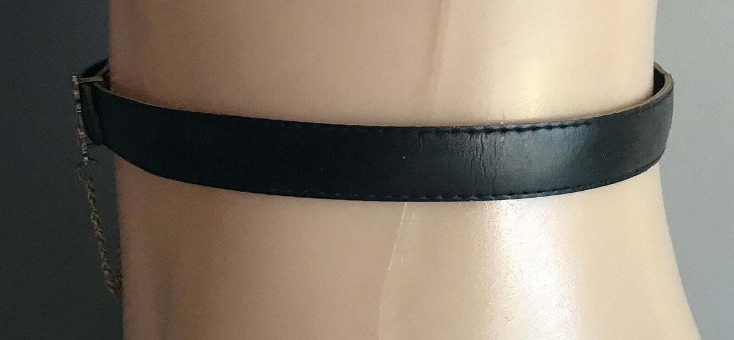 Ladies Belt Pleather 2cm W 77cm L Black Gold Chain Cuff Trim Sz 6 8 10 Retro
