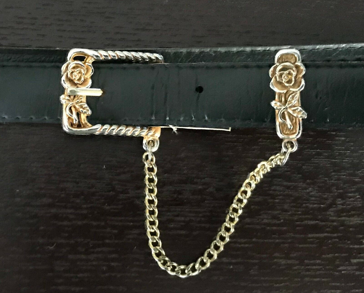 Ladies Belt Pleather 2cm W 77cm L Black Gold Chain Cuff Trim Sz 6 8 10 Retro