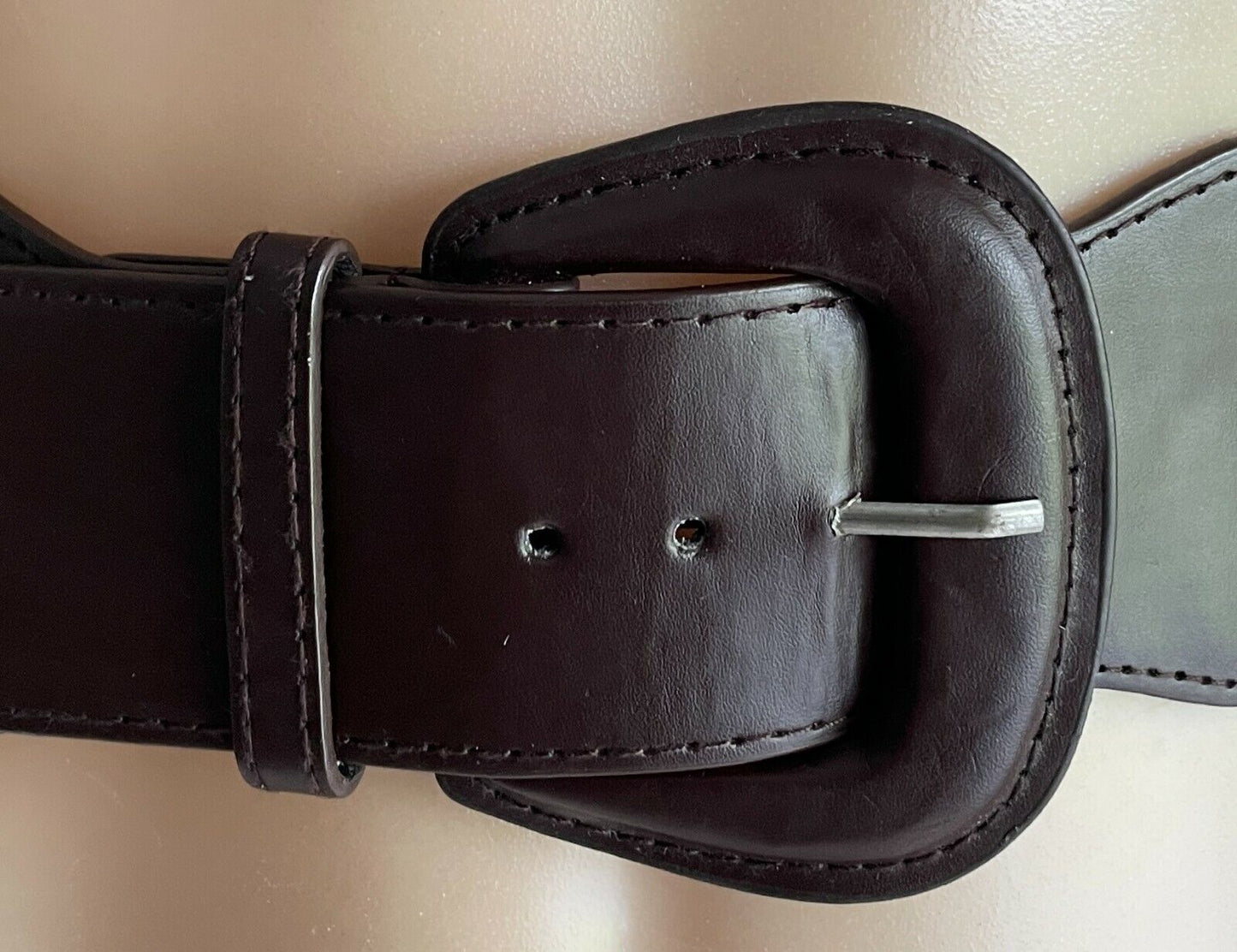 Ladies Belt Pleather 6cm Black Elastic Waist w Brown Trim Size 14 16