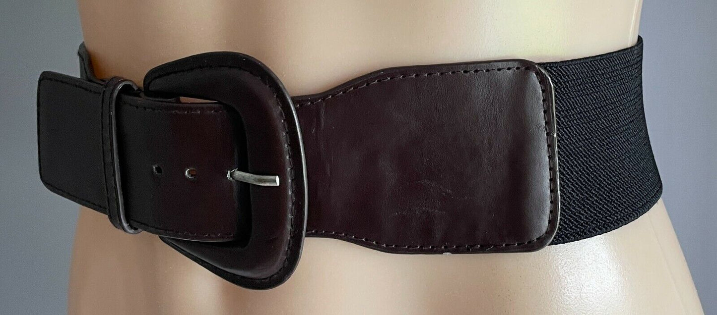 Ladies Belt Pleather 6cm Black Elastic Waist w Brown Trim Size 14 16
