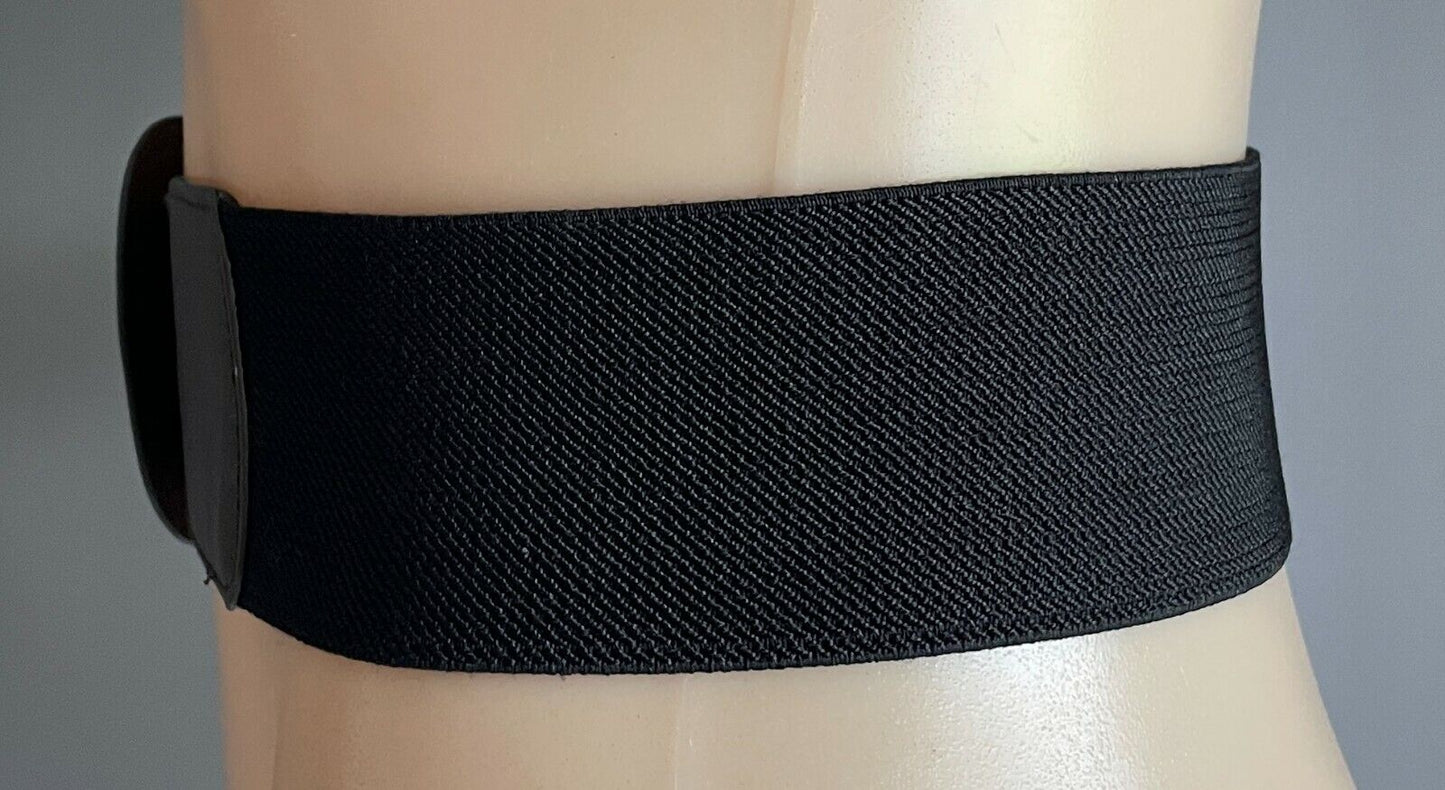 Ladies Belt Pleather 6cm Black Elastic Waist w Brown Trim Size 14 16