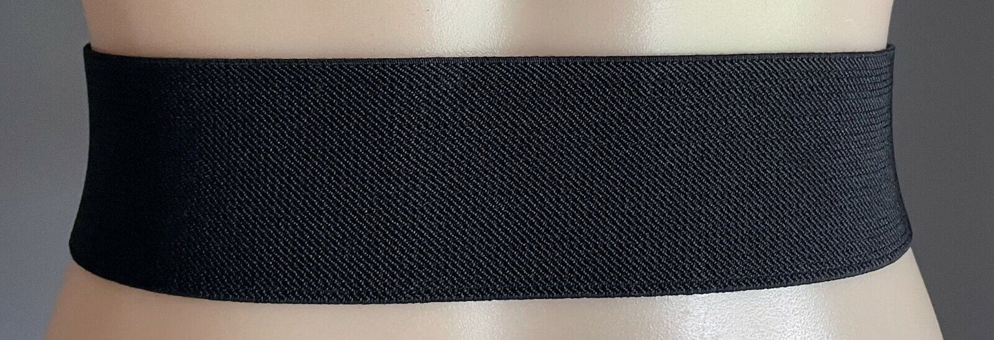 Ladies Belt Pleather 6cm Black Elastic Waist w Brown Trim Size 14 16