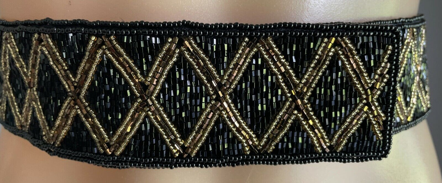 Ladies Belt TALBOTS Black Gold Bead Geo Pattern Fabric Backed Size XL 82cm Waist